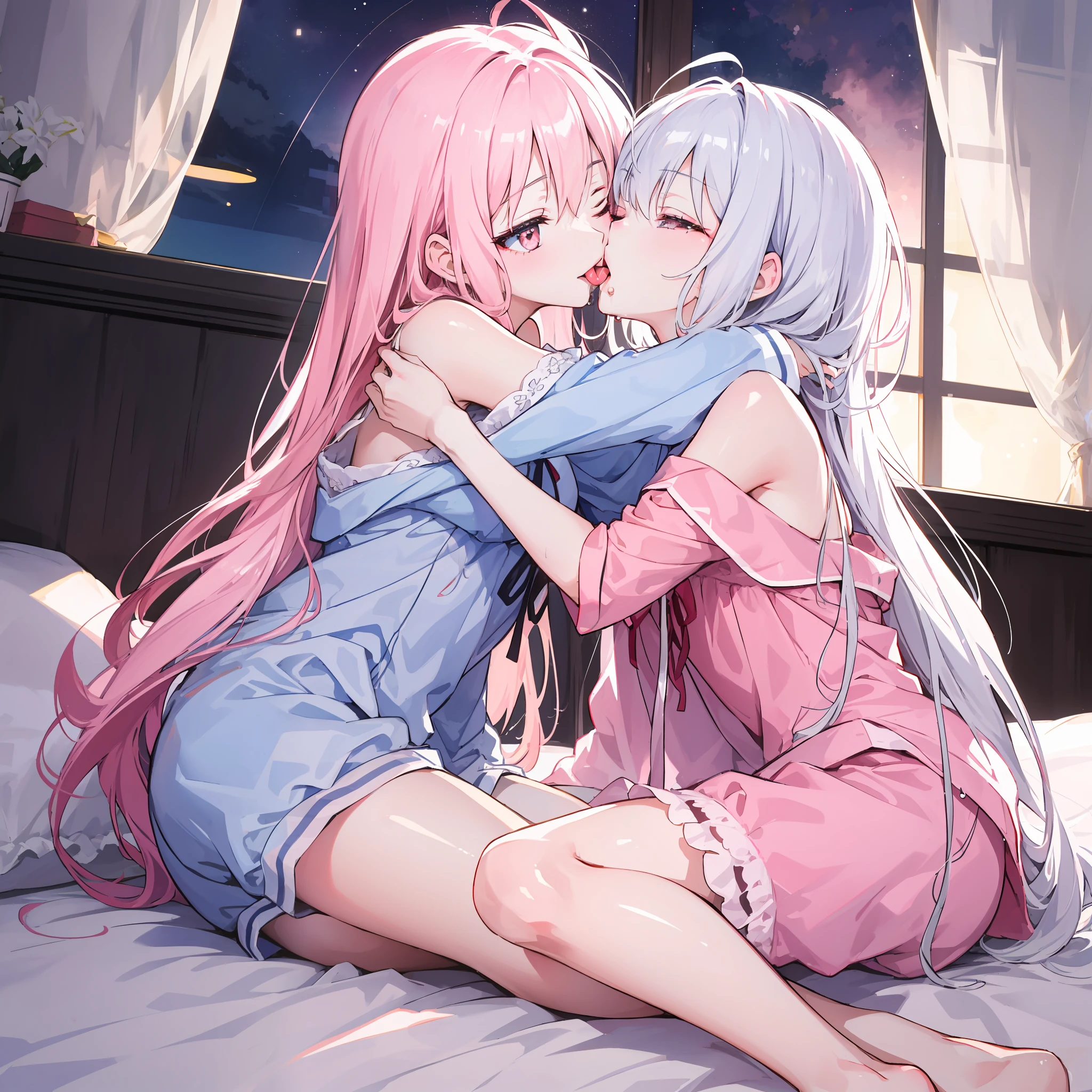 sthe highest qualit、Master Masterpiece、with high resolution、highly detail、only girl、cuddly、Anime、crystal clear white skin、Functional、The whole body、、14yo、(Hair color is shiny ght pink)、Cute summer pajamas、On a beautiful cute bed、Sleeping with both eyes closed、Midnight、Clothes are disheveled、Both of them stretch out their tongues and kiss deeply、erotic、Entwining their tongues with each other and dripping clear mucus from their mouths