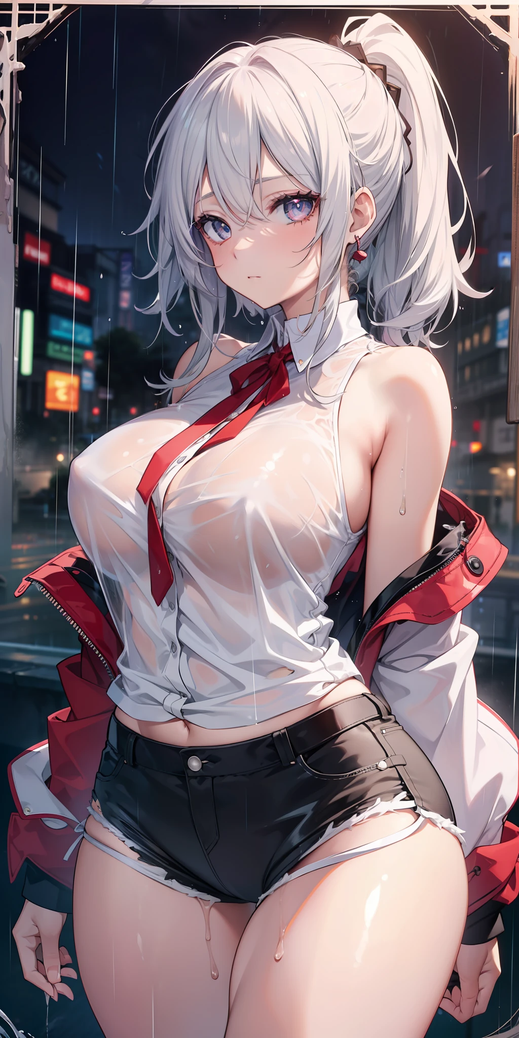 ((masterpiece)), ((best quality)), ((anime profile style)), ((HD 4k)), ((anime character)), ((body watering)), girl, female face , light skin, eyes, eyelid, pupil, sclera, iris, eyebrow, eyelashes, ear, nose, white hair wetting, neck, shoulders, long-sleeved shirt, torn open short shorts, ((panties showing)), arms, (( thick legs)), ((big thigh)), background scenery, ((raining)), viewer view