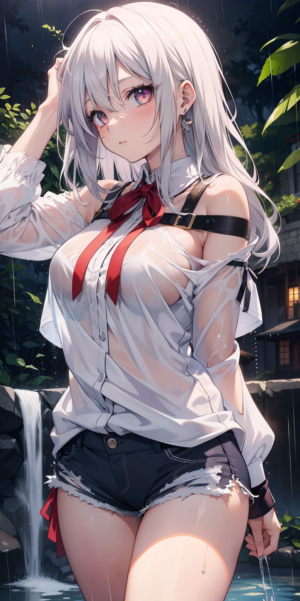 ((masterpiece)), ((best quality)), ((anime profile style)), ((HD 4k)), ((anime character)), ((body watering)), girl, female face , light skin, eyes, eyelid, pupil, sclera, iris, eyebrow, eyelashes, ear, nose, white hair wetting, neck, shoulders, long-sleeved shirt, torn open short shorts, ((panties showing)), arms, (( thick legs)), ((big thigh)), background scenery, ((raining)), viewer view