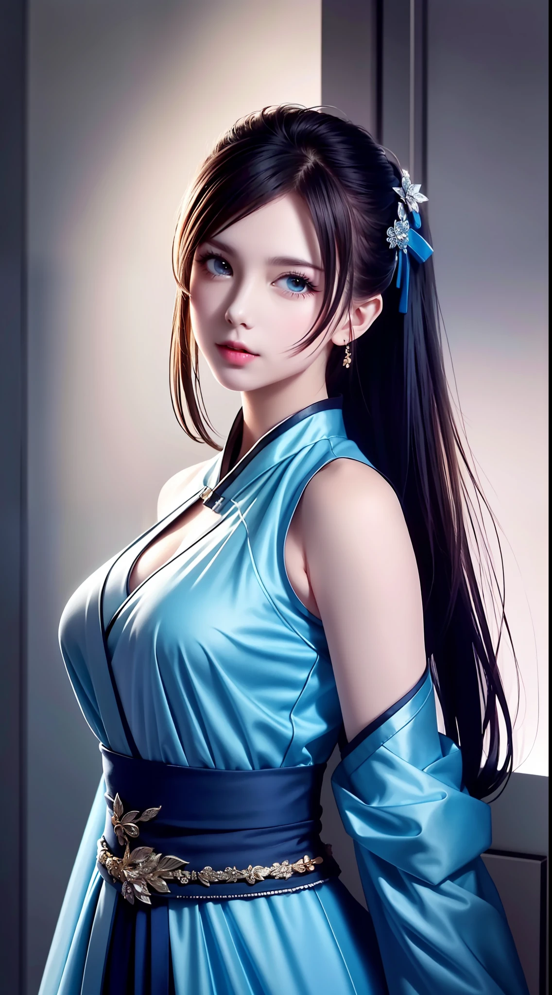 Hanfu, National Style 3.2, Full Body, Walking Posture, Slow Motion, Men Wear Full Body Multi-layered (Heavy Robe: 1.2), (Blue Ice Flower Long Dress: 1.2), Gloves, (Very Detailed, Bloom: 1.5), (Highest Quality, Alessandro Casagrande, Greg Rutkowski, Sally Mann, Concept Art, 4k), (Analog: 1.2), (High Definition), (Detail Pupil: 1.1), (Painting: 1.1), (Digital Painting: 1.1), Detailed Face and Eyes, Masterpiece, Best Quality, (Highly Detailed Photo: 1.1), 8K, Realistic, (Ice Hair Color, Dynamic Hairstyle), (pureerosface_v1:0.1), Jeremy Mann, Sandra Chevrier, Maciej Kuciara, Sharp, (torn body: 1.1), realistic, realistic shadows, (ice background: 1.2), (Michelangelo), ohwx style<lora: (style of ohwx) masterpiece, best quality, (extremely detailed CG unity 8k wallpaper, masterpiece, best quality, ultra-detailed, best shadow), (detailed background), (beautiful detailed face, beautiful detailed eyes), High contrast, (best illumination, an extremely delicate and beautiful), (girl:1.5), ((Not relevant)), ((caustic)), dynamic angle, beautiful detailed glow, (portrait:0.2),dynamic angle, beautiful detailed glow, (portrait:0.2),pigtail,full body,