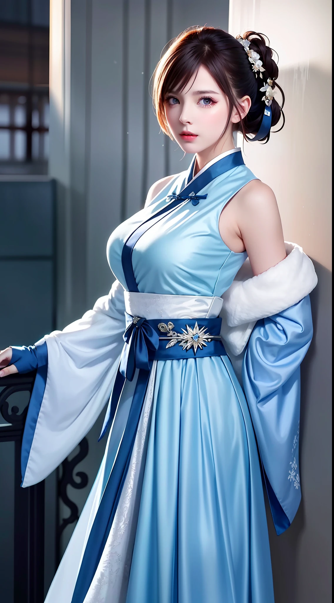 Hanfu, National Style 3.2, Full Body, Walking Posture, Slow Motion, Men Wear Full Body Multi-layered (Heavy Robe: 1.2), (Blue Ice Flower Long Dress: 1.2), Gloves, (Very Detailed, Bloom: 1.5), (Highest Quality, Alessandro Casagrande, Greg Rutkowski, Sally Mann, Concept Art, 4k), (og: 1.2), (High Definition), (Detail Pupil: 1.1), (Painting: 1.1), (Digital Painting: 1.1), Detailed Face and Eyes, Masterpiece, Best Quality, (Highly Detailed Photo: 1.1), 8K, Realistic, (Ice Hair Color, Dynamic Hairstyle), (pureerosface_v1:0.1), Jeremy Mann, Sandra Chevrier, Maciej Kuciara, Sharp, (torn body: 1.1), realistic, realistic shadows, (ice background: 1.2), (Michelangelo), ohwx style<lora: (style of ohwx) masterpiece, best quality, (extremely detailed CG unity 8k wallpaper, masterpiece, best quality, ultra-detailed, best shadow), (detailed background), (beautiful detailed face, beautiful detailed eyes), High contrast, (best illumination, an extremely delicate and beautiful), (girl:1.5), ((Not relevant)), ((caustic)), dynamic angle, beautiful detailed glow, (portrait:0.2),dynamic angle, beautiful detailed glow, (portrait:0.2),pigtail,full body,