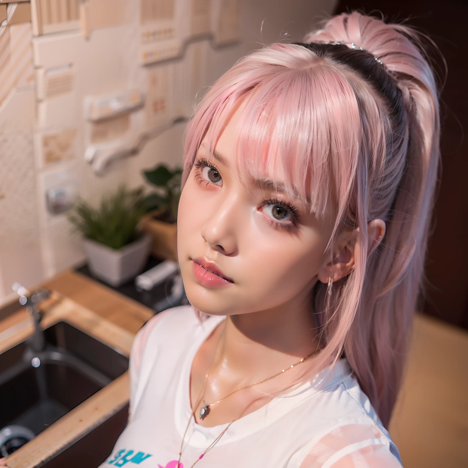 SKS, high quality, looking at the camera, a girl, pink hair