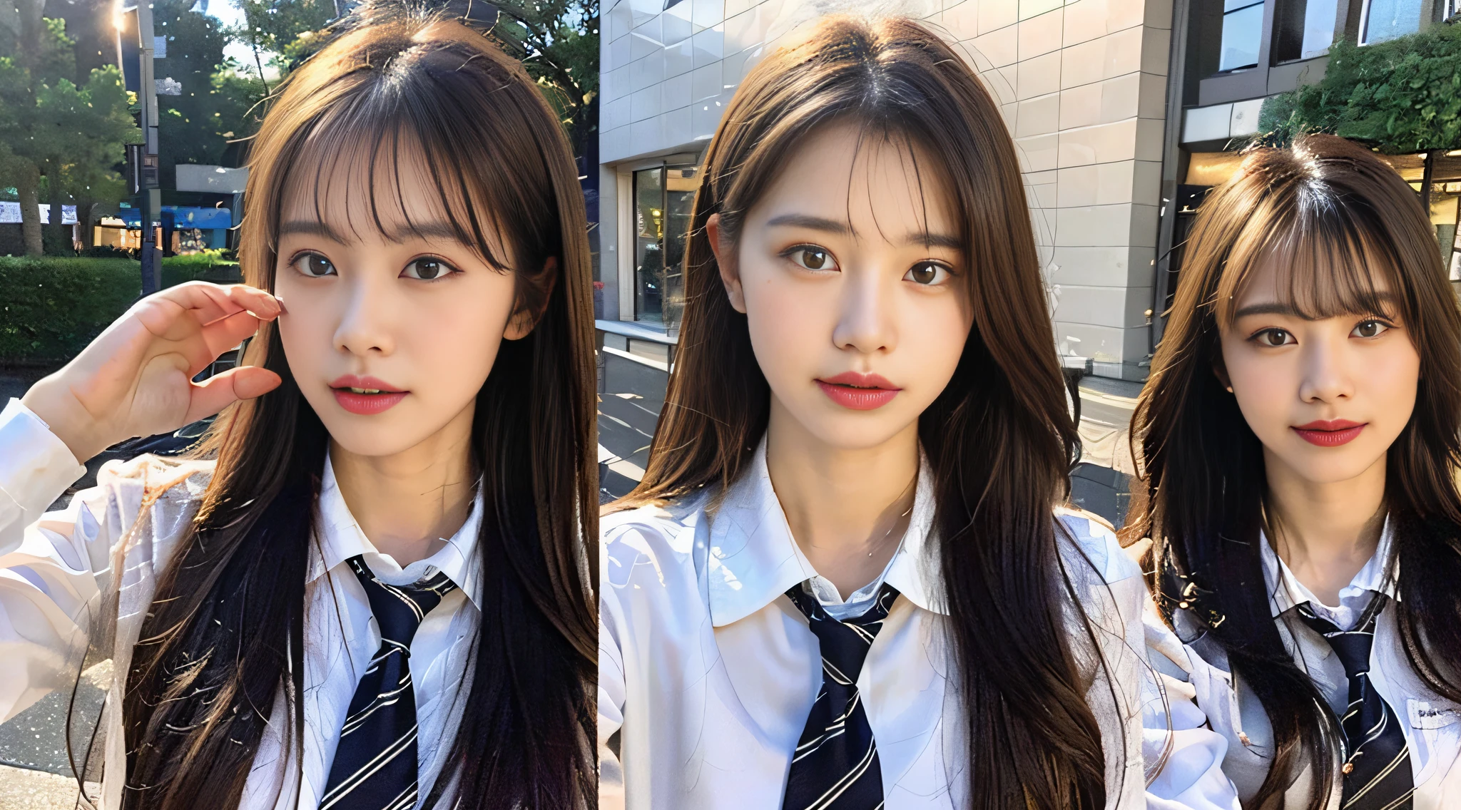 (8K、Raw photo、sthe highest qualit、Master Masterpiece:1.2)、detailed posing,ultra- detailed、Super Resolution、(Real、real pictures:1.37)、(photo-realistic:1.5)、from above view、Camera from above、Camera angle from above、I'm looking at this with upward eyes、High-quality images taken with the camera from aboveHigh-resolution RAW color photos、professional photo、(Very beautiful and detailed night tree-lined avenue 1:1.37)、、((A beautiful moonlit night))、full moon、Very detailed and beautiful、Ultra-high image quality、High school girl in sailor suit、Detailed uniforms、Each face has its own distinctive features、Different face patterns、colour々Hairstyle、Brown hair fluttering in the night breeze、Hair swaying and sexy、Very detailed beautiful girl、(Pink Eye Shadow)、Red tie、Puffing up face、Pouting、Puffy face、He looks at me with his face puffed up.、Burikko、Buriko Pose