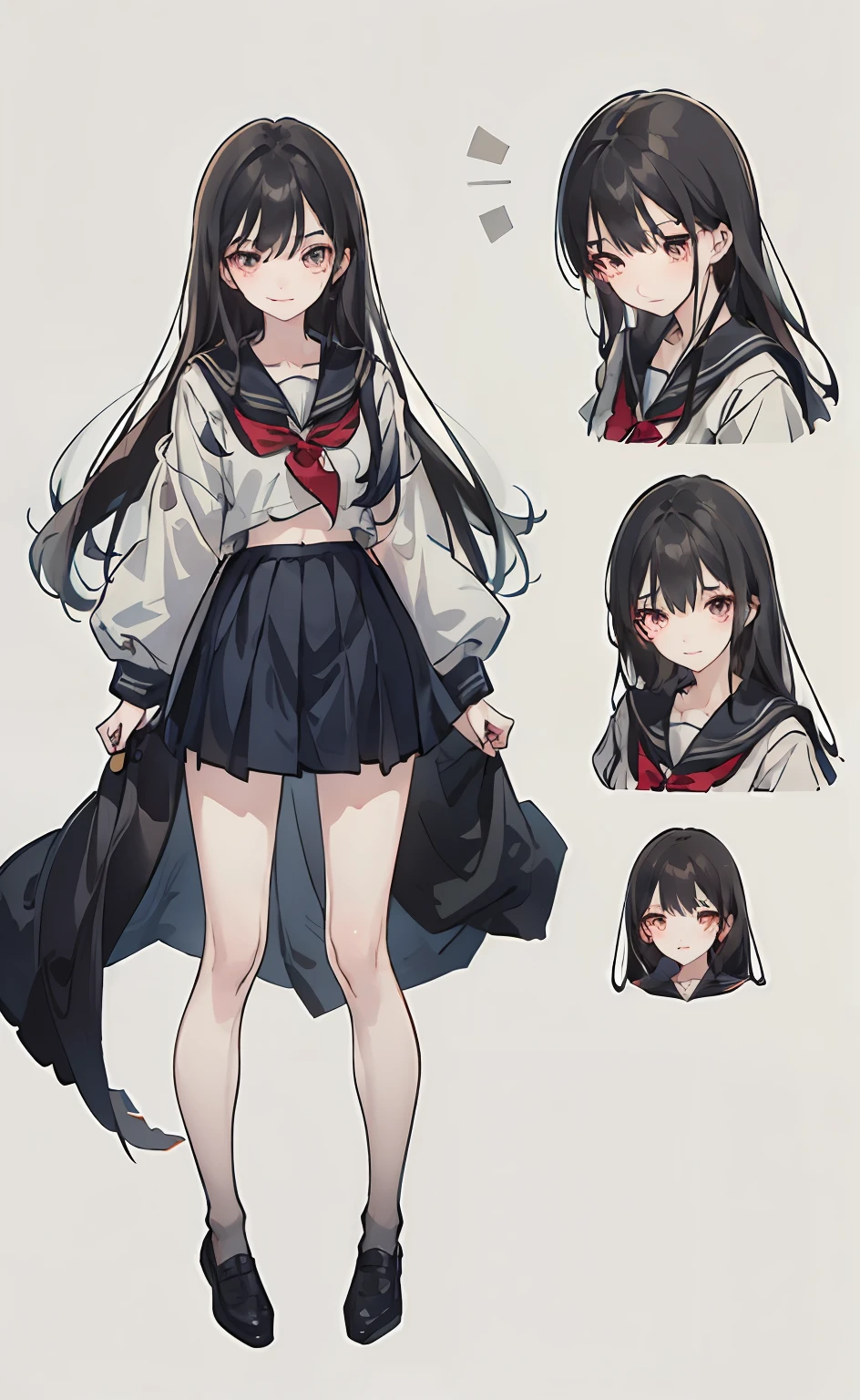 Master Masterpiece、extra detailed、highs quality、Mature beautiful and pretty girl,clear, Feng Fujiko,Different angles, Character Sheet, Dark hair、multiple poses and expressions,high school girls、17Age、sailor clothing