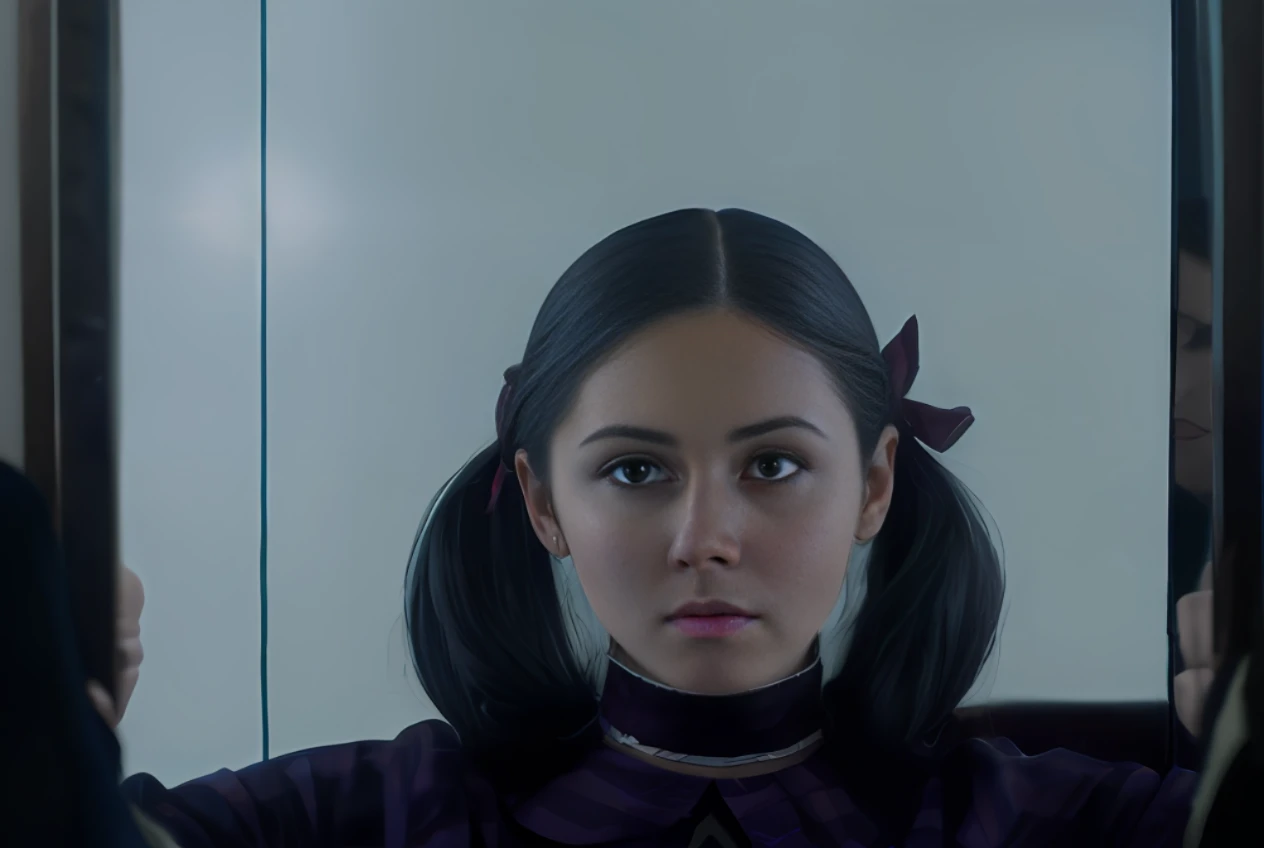 Girl looking at herself in mirror, movie promotional stills, as Wednesday Adams, ethereal stills, stills from movies, stills from movies, screenshots from movies, stills from movies, film stills promotional images, watercolor