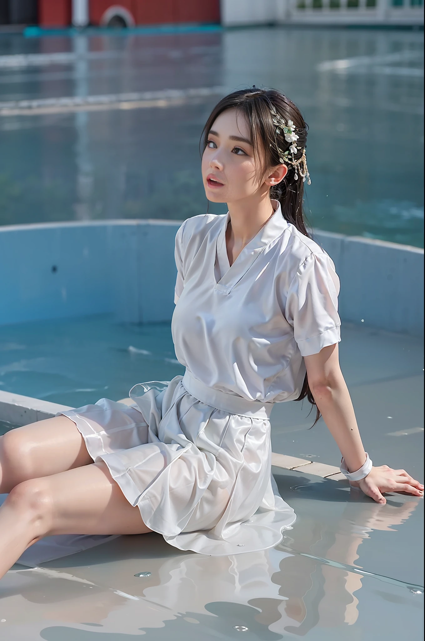 1girl, solo, brunette hair, ,(blood volume: 1),, full body,, (realism: 1.4), official art, unreal 8k wallpaper, super detailed, beautiful aesthetics, masterpiece, best quality, (dynamic angle: 1.4), , elegant, bright colors, romantic, sexy, transparent, see-through, chinese hanfu, bare breast, (transparent skirt), barefoot, (wet), (sheer), (liquid flowing down the thighs), green and white skirt, ((hands tied behind the back))