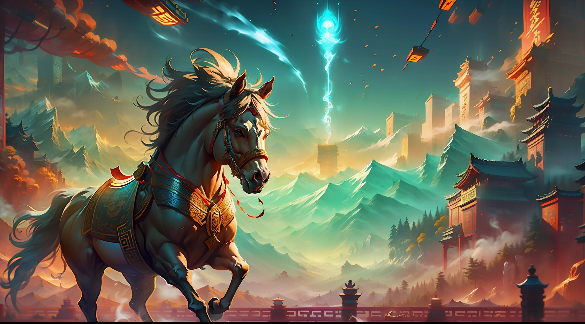 Create character to illustrate Taoist story of ancient wisdom. The character is a horse, strong horse, beautiful horse, only 1 horse, horse jumping the fence, horse running away, the scenery should portray ancient china, image with strong contrast, mountains in the background, mists to give an air of mystery and wisdom, very beautiful landscape