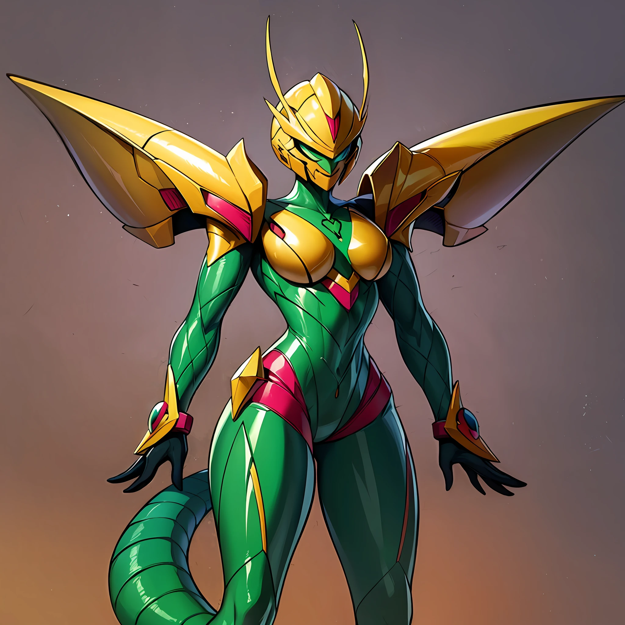 Hot insect crustacean woman in shell, Guyver style, evil smile, scaraber reploid, tail, cel shade adult animation, metroid suit