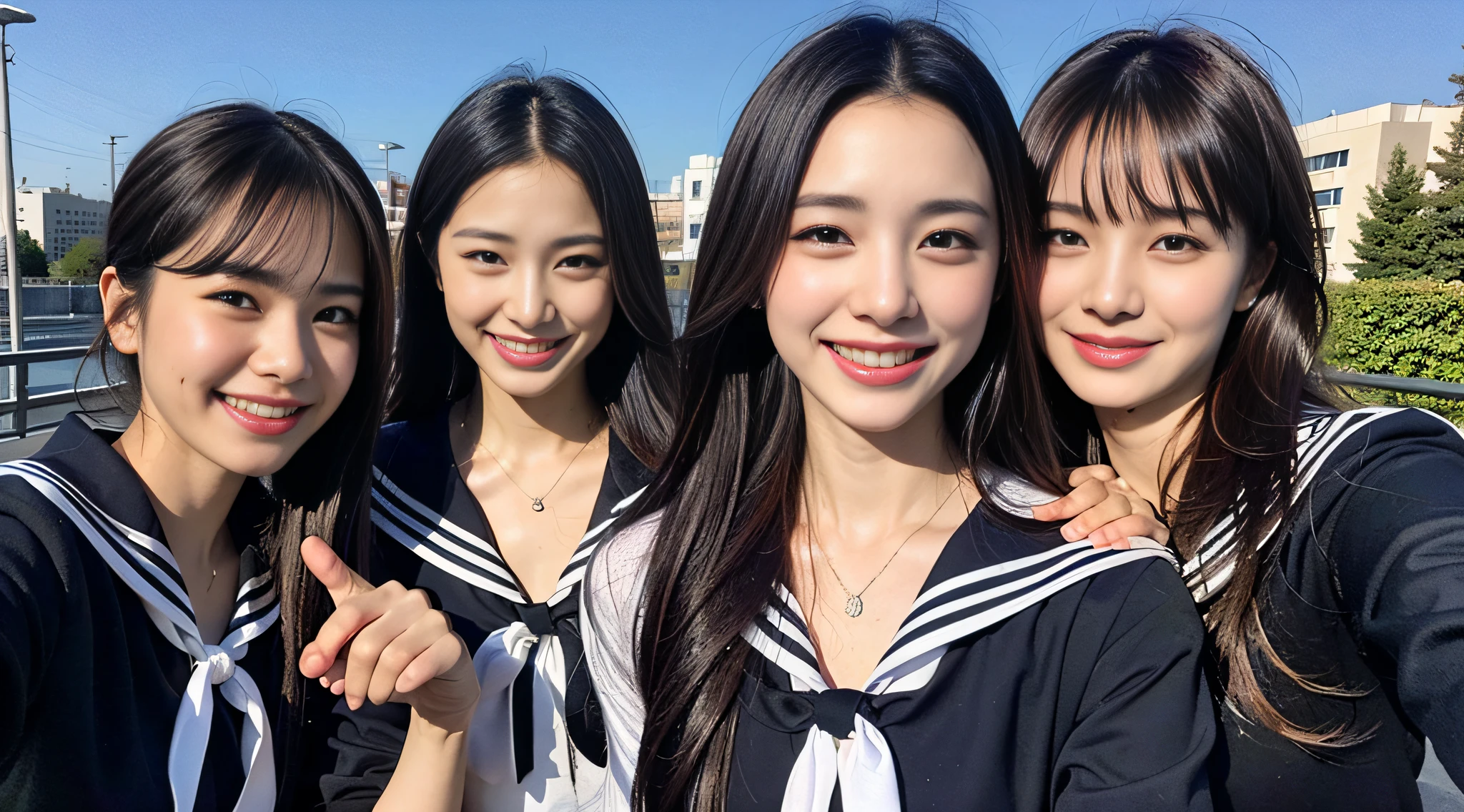 (8k、RAW Photography、sthe highest qualit、A Masterpiece:1.2)、ultra- detailed、Super Resolution、(real、real pictures:1.37)、(photo-realistic:1.6)、from above view、Camera from above、Camera angle from above、I'm looking at this with upward eyes、High-quality image taken by camera from above Eating lunch on the roof of the school。、Fantastic scenery、Modern School Uniforms、Stylish sailor suit、School rooftop、lunch break、Stylish school、futuristic cities、School of the Future、In the future、A futuristic world、Fantastic world、New World、High-resolution RAW color photos、professional photo、Very detailed and beautiful、（Pointing at the camera）、（Spread your hands wide and your palms facing us）Real Light、A smile that makes you see your teeth、Beautiful scenery mixed with light、Highly detailed sailor suit、Amazingly cute female proofreader、Amazing cute smile、Transcendent cute face、Amazing details、red scarf、Beautiful girls in very detailed、Faces with different patterns、、One has a ponytail、Modern cute high school girl、Very detailed face Very detailed eyes、Very realistic skin、 extremely detailed finger, Very detailed nose, Highly detailed mouth, perfect antomy, Highly detailed sailor suit、extremely detailed background,after school、。Smiles overflow、、long straight hair, (blunt bangs:1.2), 、Schoolgirl youth　Celebrity-level cuteness　、（Pink Eye Shadow）