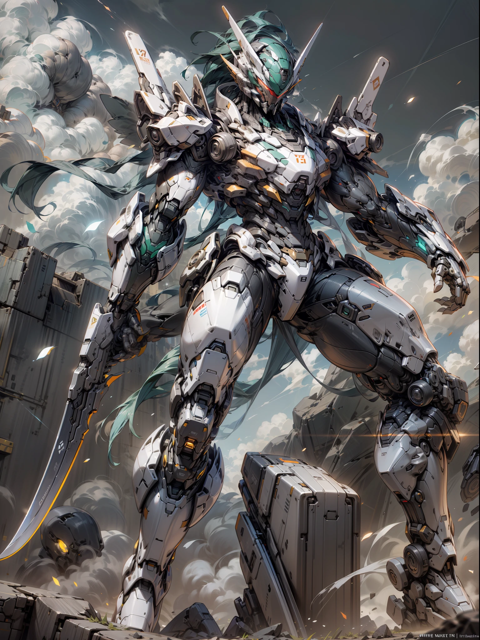 ((best-quality)), ((Masterpiece)), (RAWExtremely detailed: 1.3), 8K,Cool painting,It's sci-fi,A ghost mech holding a two-meter blue long knife,Super cool ghost mech,There are huge long knives,Fang Tian drew a halberd,Green Dragon Moon Knife,Blue Warframe,Wearing blue mechanical armor,Surrounded by smoke,Glowing eyes,Armed with an extra-long knife,Coming with great momentum,Positive perspective,Perfect body proportion,Gundam humanoid mech,Anime mecha aesthetics,Perfect body proportions,Heads-up view,standing pose,Military giant mech,missile,rock,Future technology,realistness,There are dark clouds in the sky,Dark black war background,rim light,Ray Traced,Light particles,NVIDIA Trtx, Super-Resolution,Unreal 5,sub-surface Scattering,Specular and albedo maps,trichotomy,Large aperture,combat pose, 8K RAW,Efficient subpixels,Subpixel convolution,Light particles,Light scattering,Tyndall effect,Ray Traced.