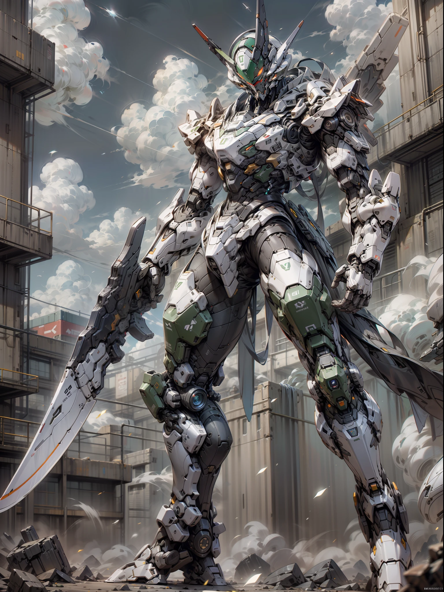 ((best-quality)), ((Masterpiece)), (RAWExtremely detailed: 1.3), 8K，Cool painting，It's sci-fi，A ghost mech holding a two-meter blue long knife，Super cool ghost mech，There are huge long knives，Fang Tian drew a halberd，Green Dragon Moon Knife，Blue Warframe，Wearing blue mechanical armor，Surrounded by smoke，Glowing eyes，Armed with an extra-long knife，Coming with great momentum，Positive perspective，Perfect body proportion，Gundam humanoid mech，Anime mecha aesthetics，Perfect body proportions，Heads-up view，standing pose，Military giant mech，missile，rock，Future technology，realistness，There are dark clouds in the sky，Dark black war background，rim light，Ray Traced，Light particles，NVIDIA Trtx， Super-Resolution，Unreal 5，sub-surface Scattering，Specular and albedo maps，trichotomy，Large aperture，combat pose, 8K RAW，Efficient subpixels，Subpixel convolution，Light particles，Light scattering，Tyndall effect，Ray Traced.