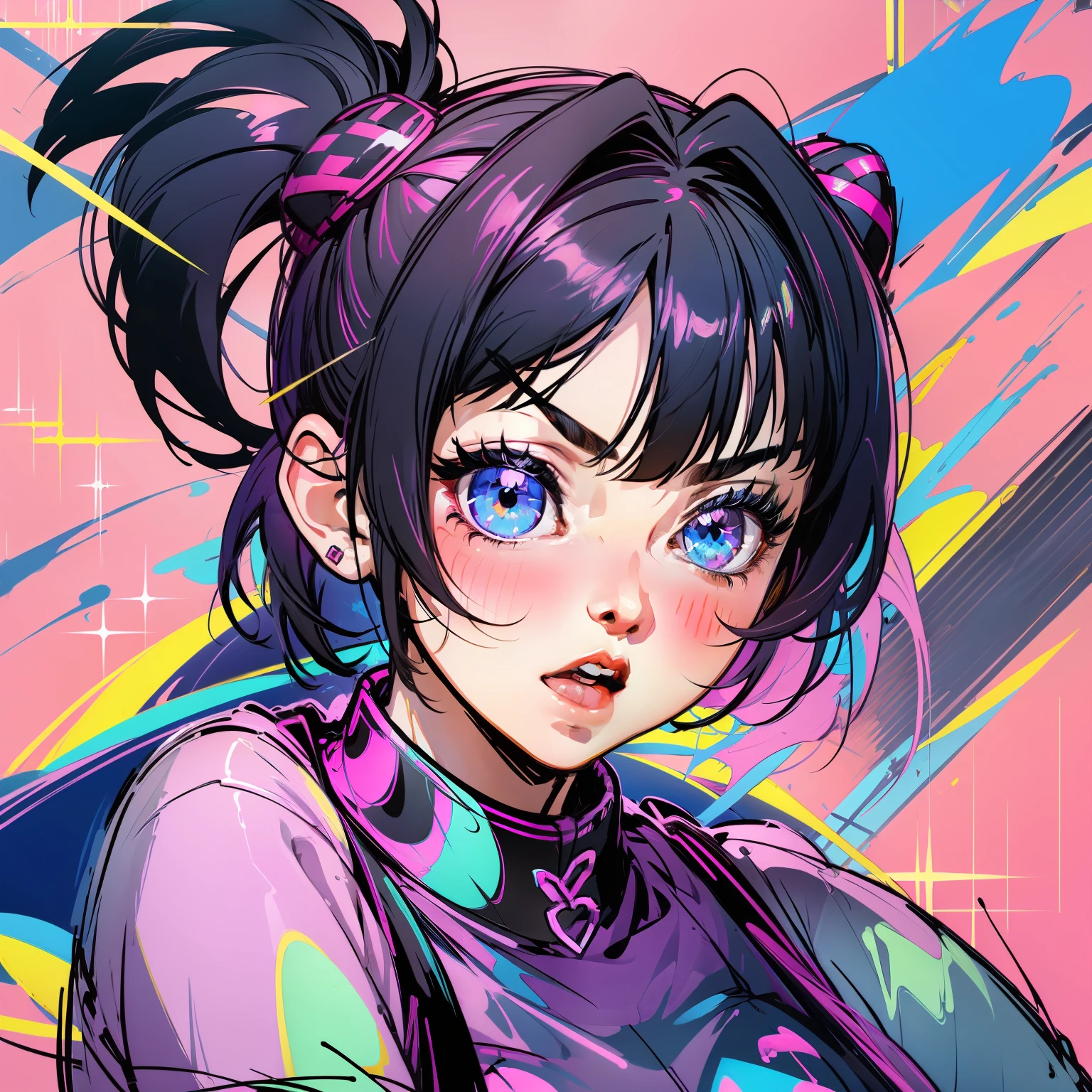 _james jean, floating female figure made of ribbons, smoke, in the sky, colorful and vibrant, mystical colors, contemporary impressionism, yanjun cheng portrait painting, iridescent painting, 3/4 perspective view, cute face, low angle, sweeping circling composition, large beautiful crystal eyes, big irises, UHD, HDR, 8K, (Masterpiece:1. 5), (the most beautiful portrait in the world:1.5)