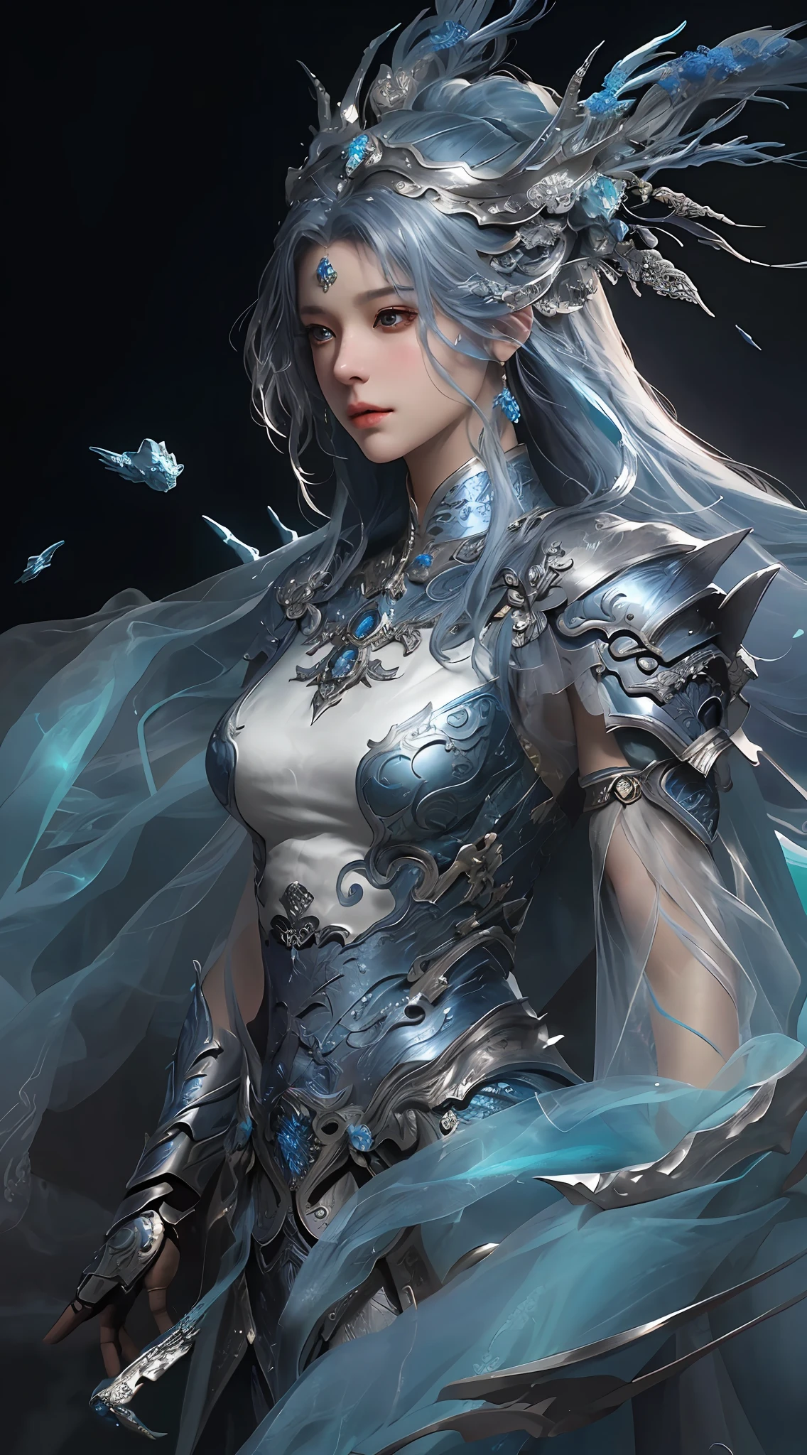 a close up of a woman in a silver and blue dress, chengwei pan on artstation, by Yang J, detailed fantasy art, stunning character art, fanart best artstation, epic exquisite character art, beautiful armor, extremely detailed artgerm, detailed digital anime art, artgerm on artstation pixiv, armor girl