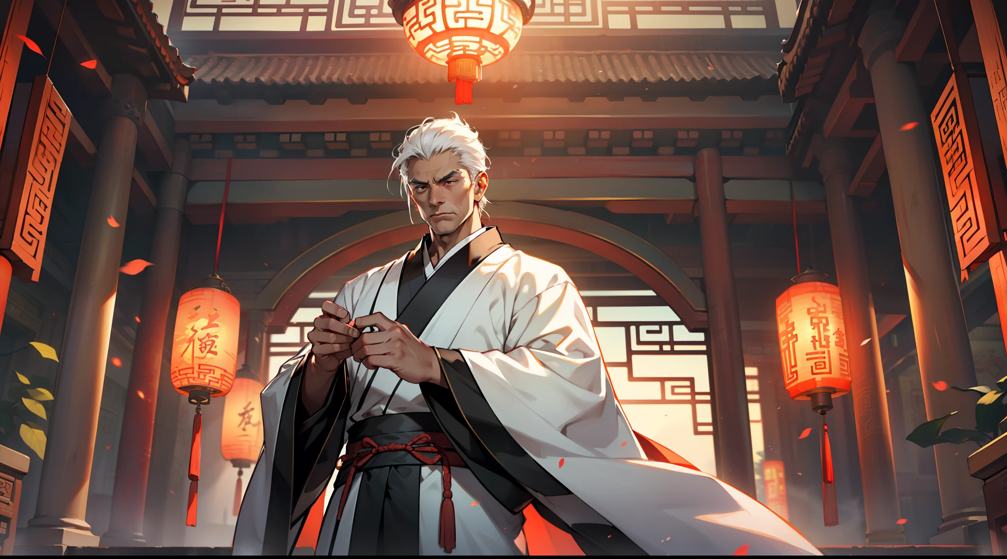 14, (1 person) The middle-aged man in black Hanfu attire, with white hair, middle-aged appearance, black coat, black Hanfu attire, and white hair, handsome, surges with terrifying energy fluctuations in his hands. (Background: Inside the sacred and magnificent ancient Chinese palace hall)