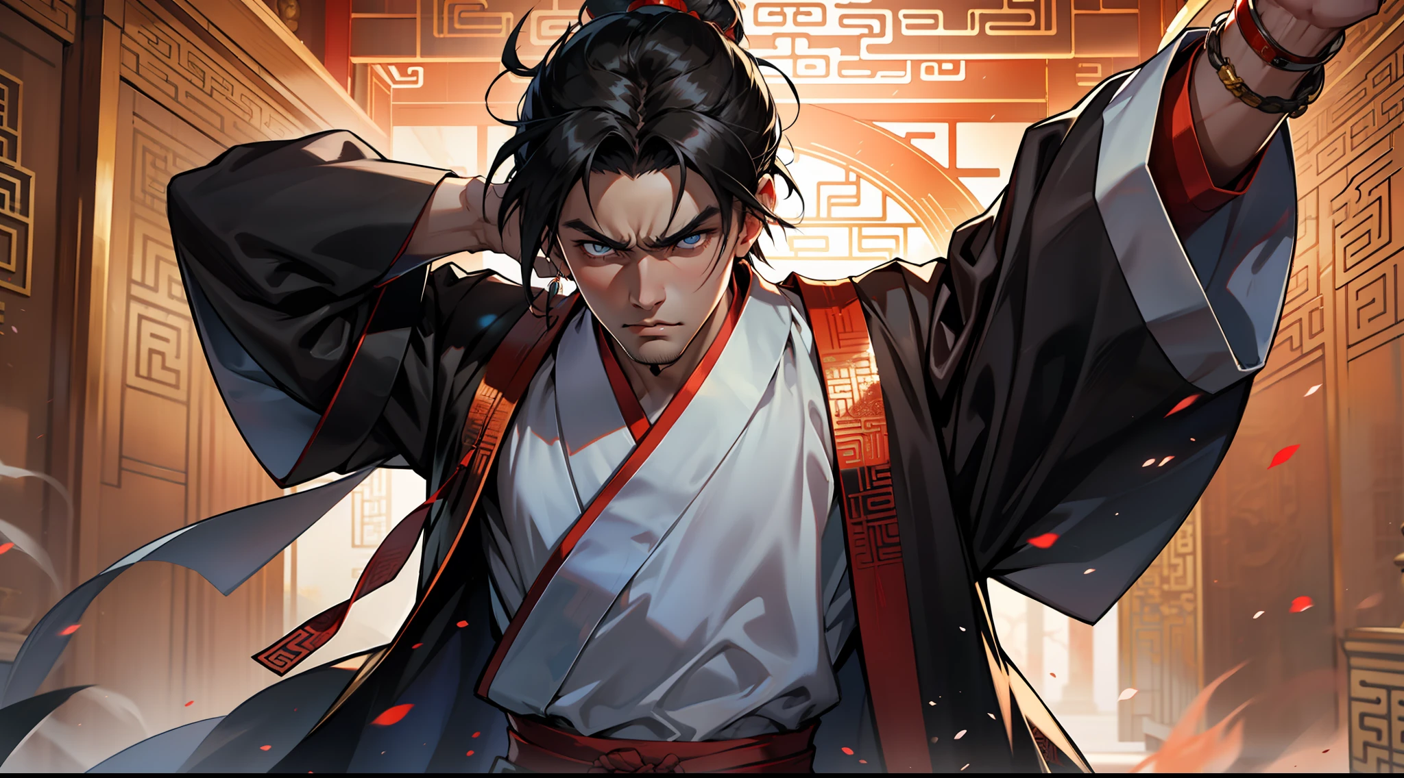 16, (1 person) The person in a black coat, black Hanfu attire, black hair, exudes a kingly air, looking gorgeous, handsome, and with an outstanding temperament, watches as anger and bloodshot eyes intertwine. (Background: Inside the sacred and magnificent ancient Chinese palace hall)