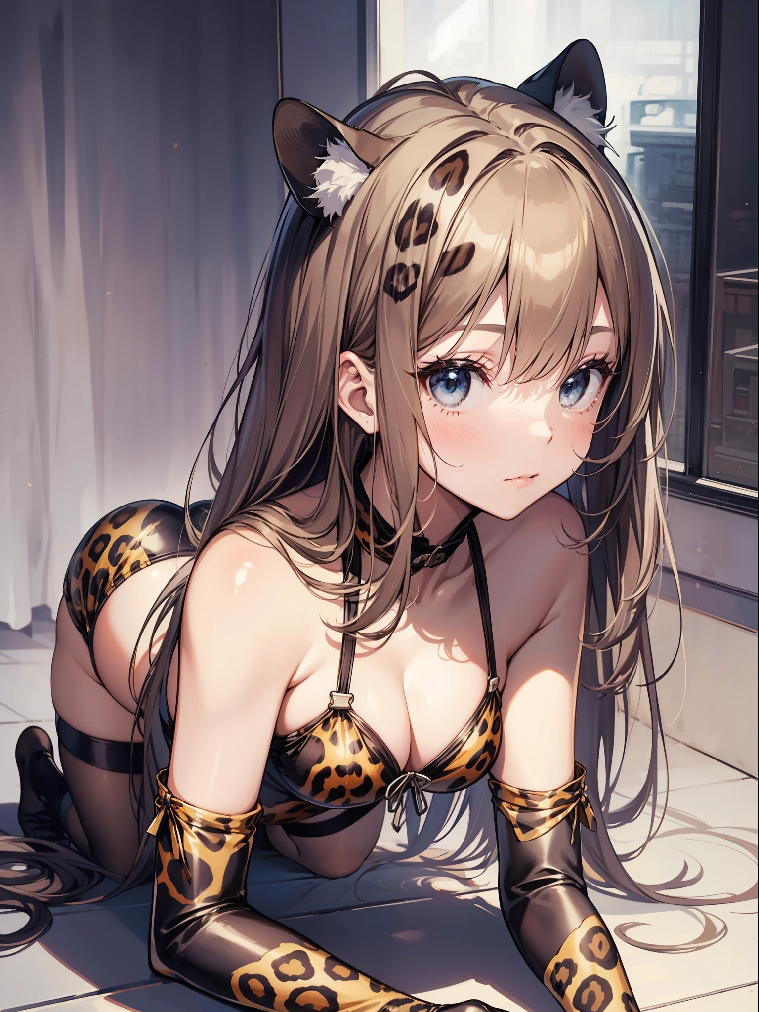 Leopard print swimsuit、Slender Beautiful Girl、One person、high picture quality、maximum quality、Fine detail、Does not blush cheeks、kneehighs、a-pose、hanging、gloves、All fours