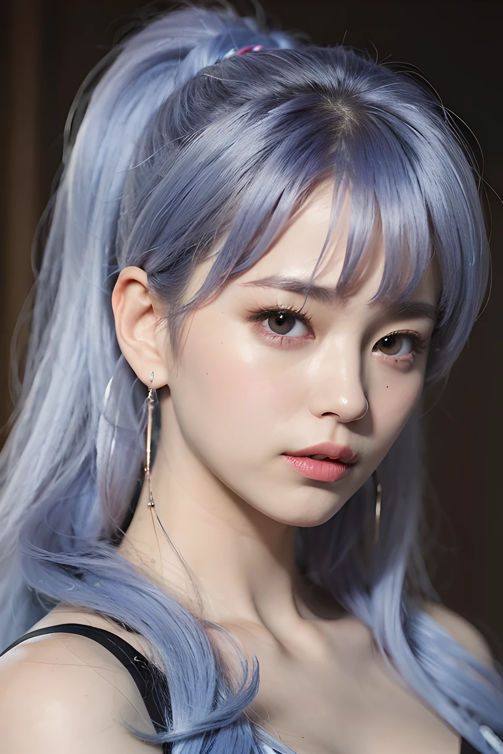 (Master peace、sthe highest qualit、with high resolution、photo-realistic)、Silky skin、Lighting adapted to photography、Finely sculpted faces、women、Blue hair、Wolf Bob Kat、Strong perm、a ponytail、Fat body