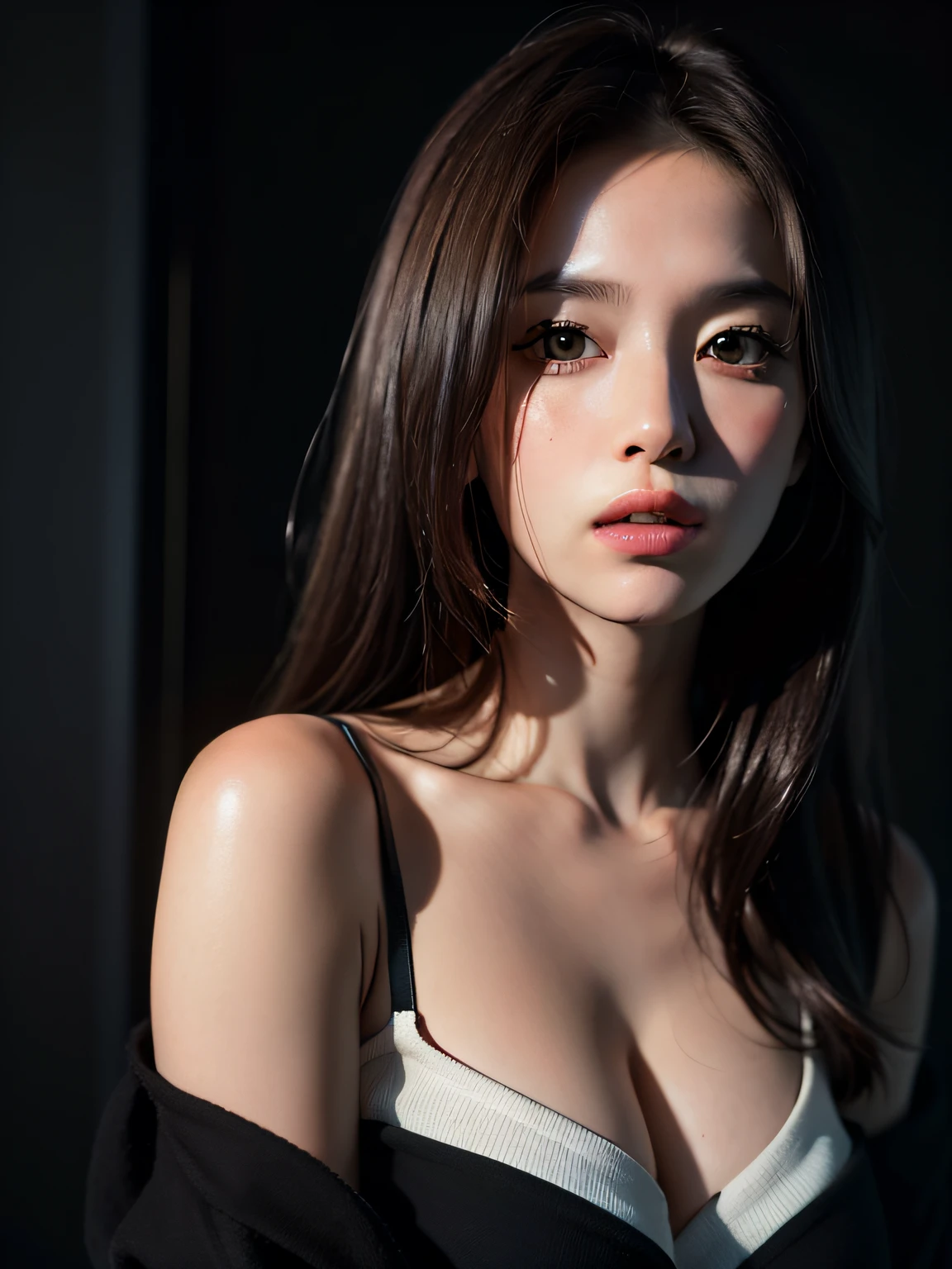 Best quality, masterpiece, ultra high res, (photorealistic:1.4), raw photo, 1girl, offshoulder, in the dark, deep shadow, low key, cold light，smali