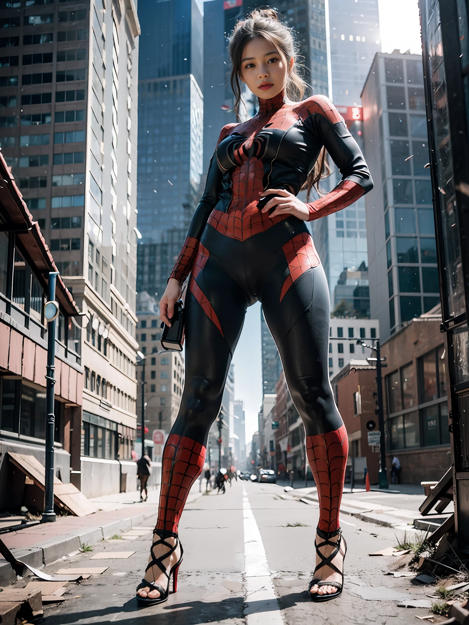 (1girl:1.3), Solo, __body-parts__, Official Art, Unified 8k wallpaper, ultra detail, beautifully aesthetic, beautiful, masterpiece, best quality, raw, masterpiece, ultra fine photography, best quality, ultra high definition, photorealistic realism, sunlight, full body portrait, amazing beauty, dynamic pose, delicate face, vivid eyes, (from the front), She wears a full-body Spider-Man suit, red and black color scheme, spider, highly detailed abandoned warehouse background, detailed face, detailed complex busy background, messy and gorgeous milky highly detailed skin, realistic skin details, visible pores, sharp focus, volumetric fog, 8K UHD, DSLR camera, high quality, film grain, fair skin, photorealism, Lomography, huge metropolis of the future dystopia, erotic, full body, high heels