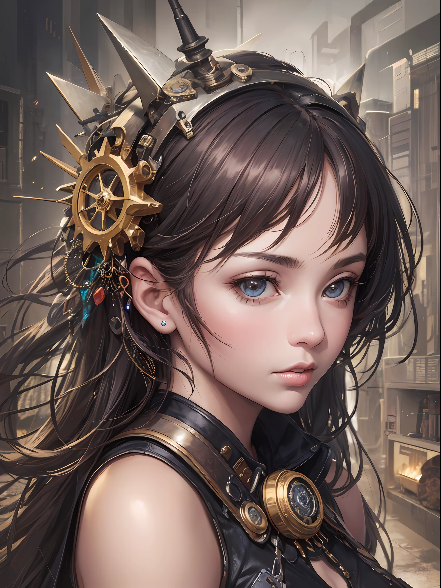 1 Girl, Solo: 1.1), (Best Impact: 1.5), (Maximalism: 1.7), Vivid Contrast, (Realistic), Ultra-Realistic Illustration, High Resolution, Ultra Detail, Absurdity, Geometric Patterns, Steampunk, Photorealistic