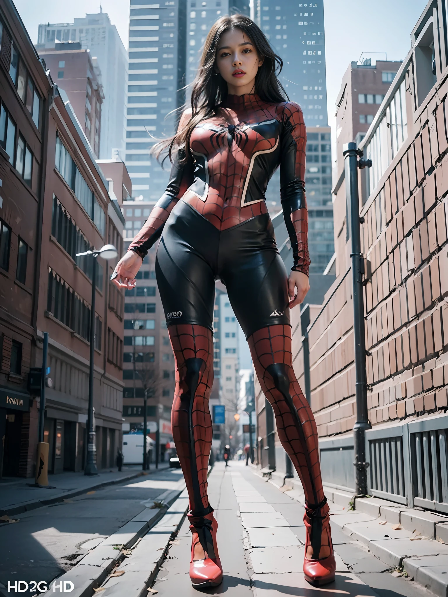 (1girl:1.3), Solo, __body-parts__, Official Art, Unified 8k wallpaper, ultra detail, beautifully aesthetic, beautiful, masterpiece, best quality, raw, masterpiece, ultra fine photography, best quality, ultra high definition, photorealistic realism, sunlight, full body portrait, amazing beauty, dynamic pose, delicate face, vivid eyes, (from the front), She wears a full-body Spider-Man suit, red and black color scheme, spider, highly detailed abandoned warehouse background, detailed face, detailed complex busy background, messy and gorgeous milky highly detailed skin, realistic skin details, visible pores, sharp focus, volumetric fog, 8K UHD, DSLR camera, high quality, film grain, fair skin, photorealism, Lomography, huge metropolis of the future dystopia, erotic, full body, high heels