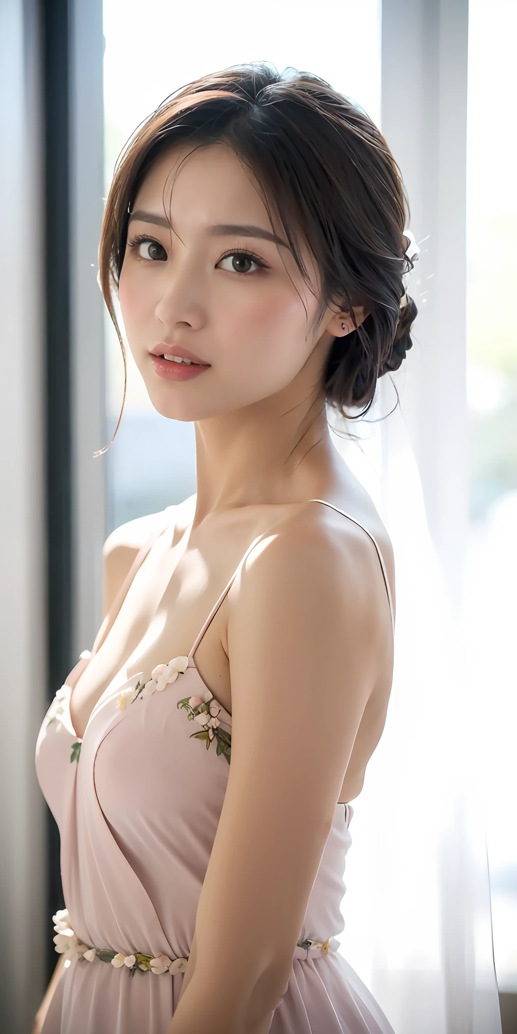 Flowers all over the wall, (best light: 1.2, cute Chinese girl: 1.2, [white dress: 1.3], full body, beautiful dance moves, wearing pink long-haired mink bandeau dress, multicolored flower wall, poster level, flowers on the wall are not crowded, elegant and colorful: 1.1, bright and moving: 1.1, [ultra-detailed: 1.2 + dynamic pose + delicate: 1.2],), big breasts, pursed lips, The sides are five-colored flowers, the wall is pink hydrangeas, roses, colorful chrysanthemums, and the background wall is a wall of flowers dominated by pink