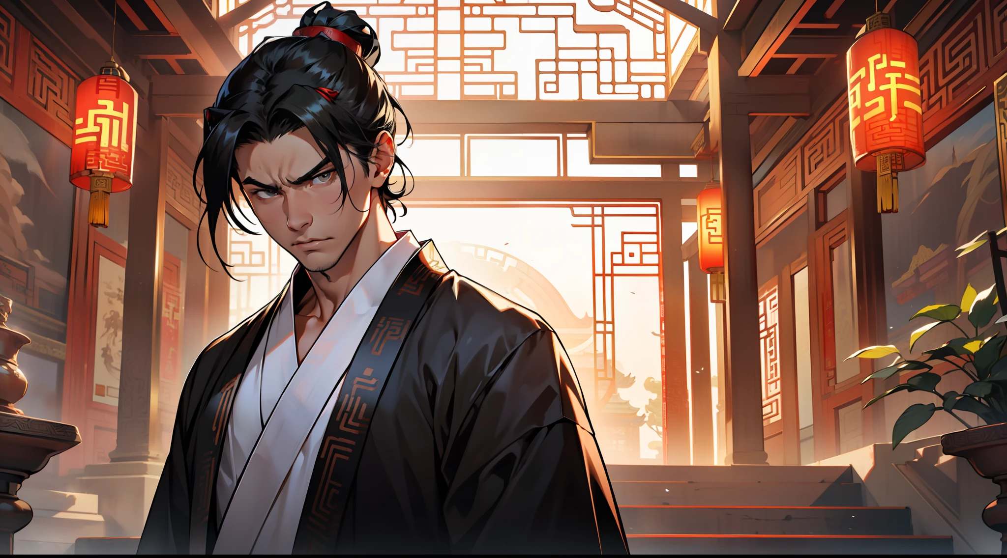 21, (1 person) The person in a black coat, black Hanfu attire, black hair, exudes a kingly air, looking gorgeous, handsome, and with an outstanding temperament, remains silent, roaring with anger in his heart. (Background: Inside the sacred and magnificent ancient Chinese palace hall)