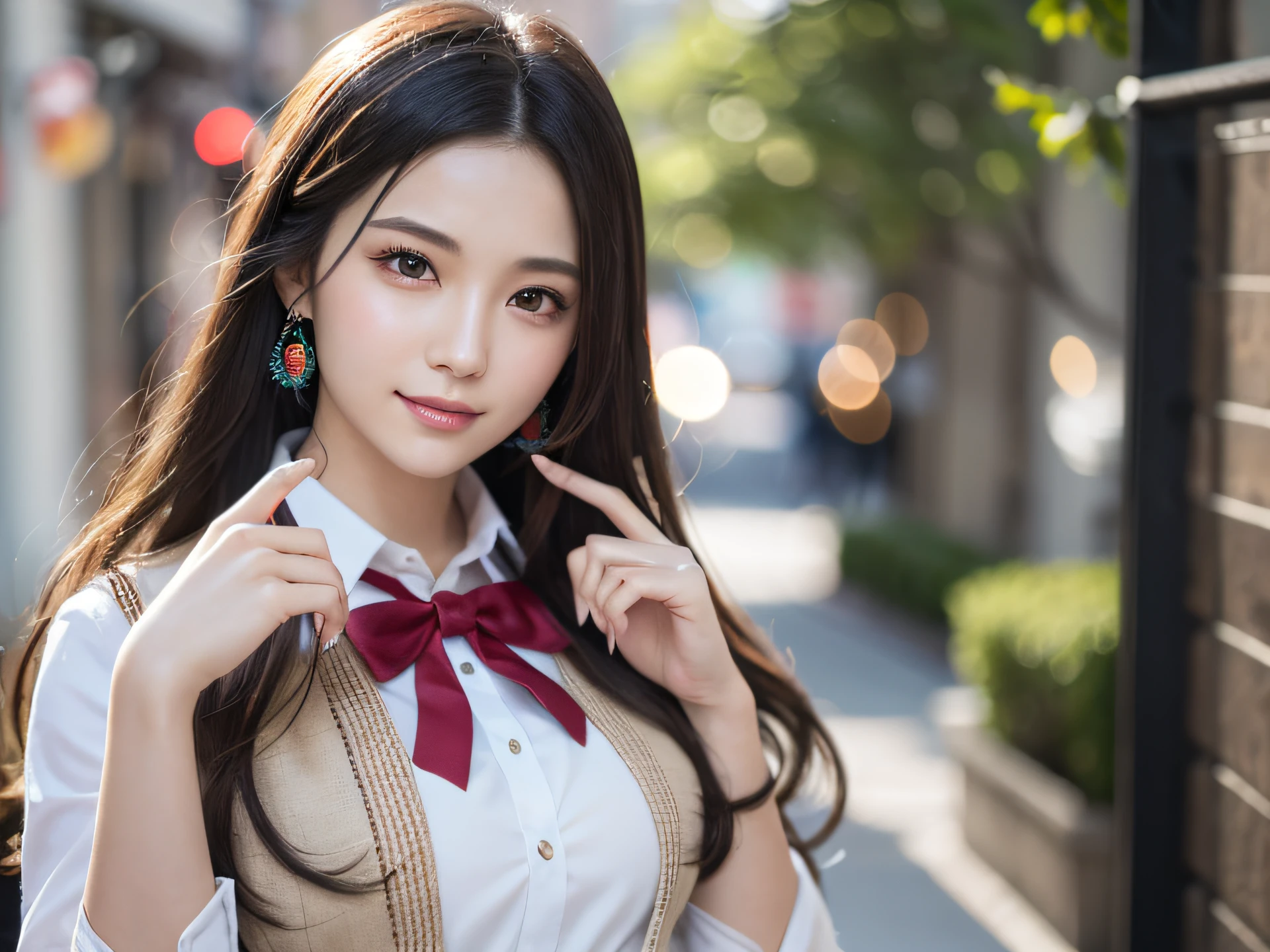 maximum quality、highs quality、High Accuracy、High-quality textures、High quality shadows、High Accuracy、beautiful detailed、Highly detailed CG、detailed texture、Realistic representation of the face、Real、colorfull、delicated, Cinematic Lights, Side Light, Lens Flare, Ray Tracing, Sharp focus,People with Japan々、18Age、(Pretty Woman)Long hair with soft black hair、(intricate detail, makeup,) (Detailed and beautiful delicate face, Detailed and beautiful delicate eyes, Perfect face proportions、dense skin、dense skin、Optimal ratio of 4 fingers to 1 thumb、Japan cute mini skirt high school uniform),Large breasts,Happy smile,Full body photo