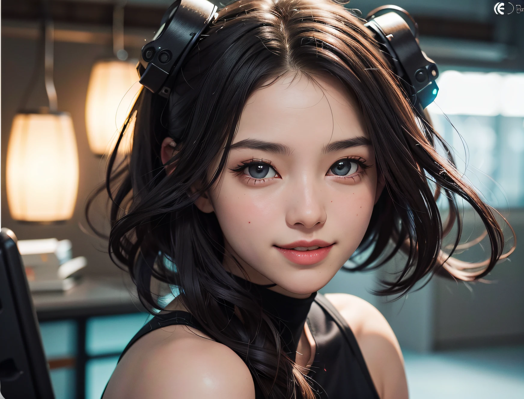 obra prima, 1MULHER, DE FRENTE, Olhos detalhados, Olhos inchados, melhor qualidade, Ultra high resolution, (realidade: 1.4), foto original,, cinematic lighting, sorridente,AMERICANA, Asian Beauty, Coreano, limpo, Super Bonito, pele bonita, delgado, Fundo Cyberpunk, (ultra realista ), (high resolution), (8k), (muito detalhado), (best illustration), (olhos lindamente detalhados), (super detalhado), (papel de parede), (Rosto detalhado), Visualizador olhando, detalhes finos, Rosto detalhado, Pureerosfaceace_v1, sorridente, 46 pontos de franja inclinada, olhando para frente, roupas limpas, olhos de cor escura, Mangas, corpo voltado para a frente, cabelos curtos, cabelos castanhos,
