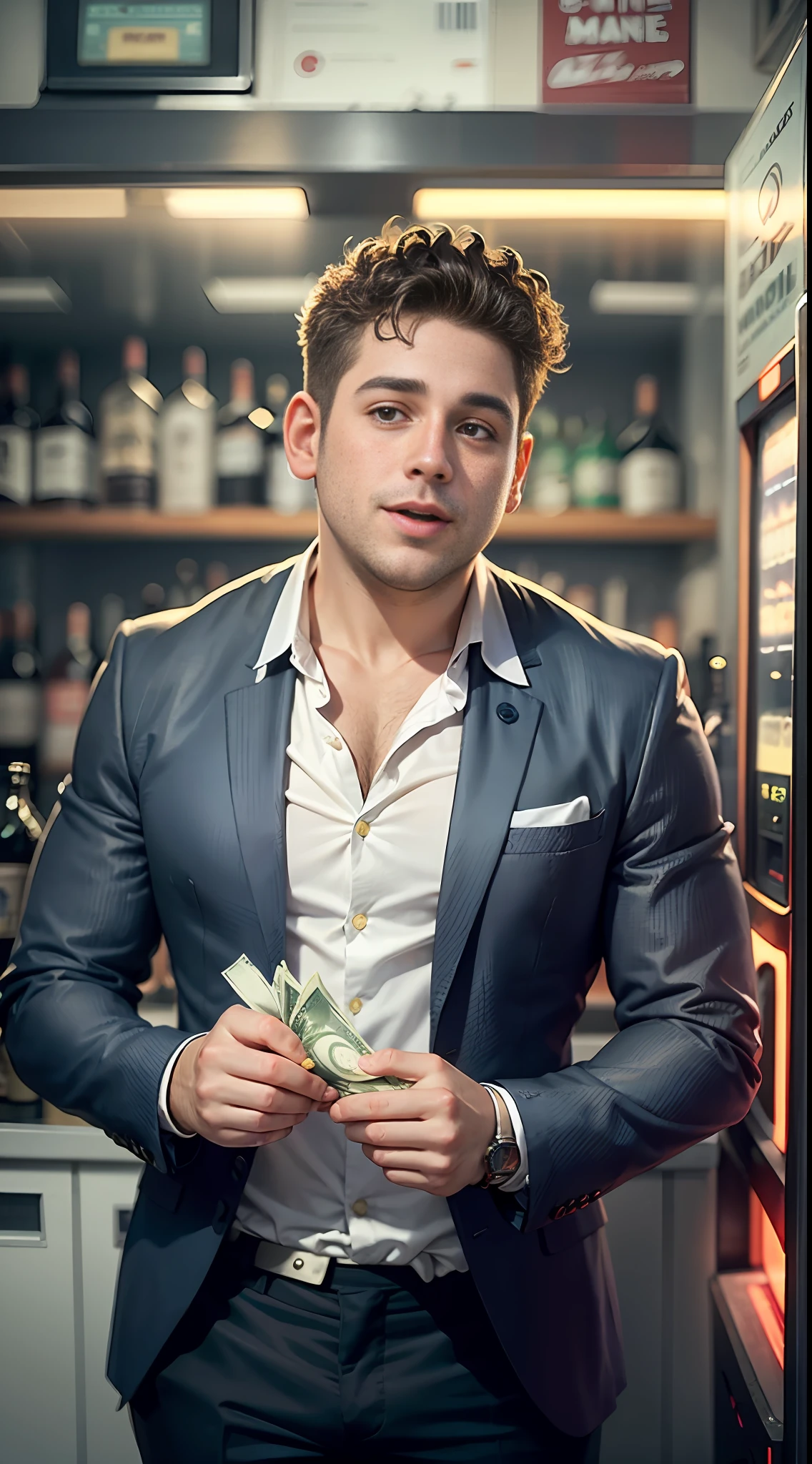 29 year old Australian bartender man holding a lot of money, short curly hair, hair like Jonah hill, clean shaven, dressed as a bartender, standing next to ATM machine, outdoor, middle of the night, nobody around, confident smile, lips closed, a lot of money in his hands