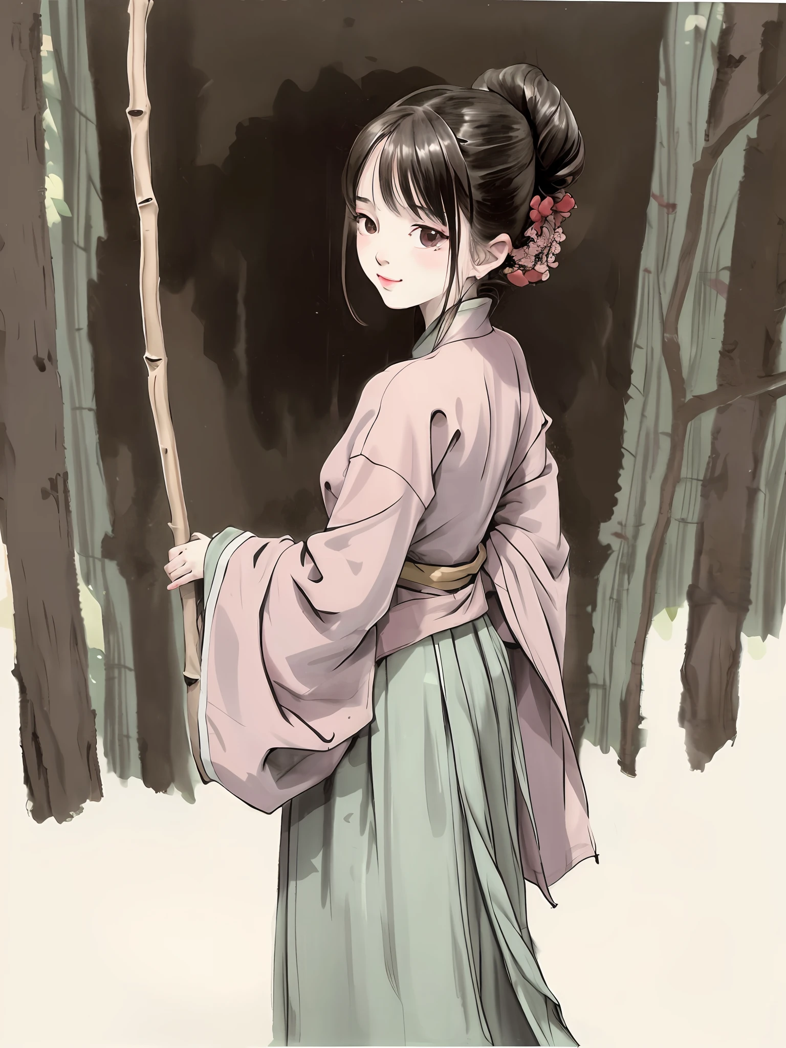 (Masterpiece, best quality: 1.2), traditional Chinese ink painting, 1 woman, standing, looking back, hanfu, willow branch, (smiling), looking at the viewer,