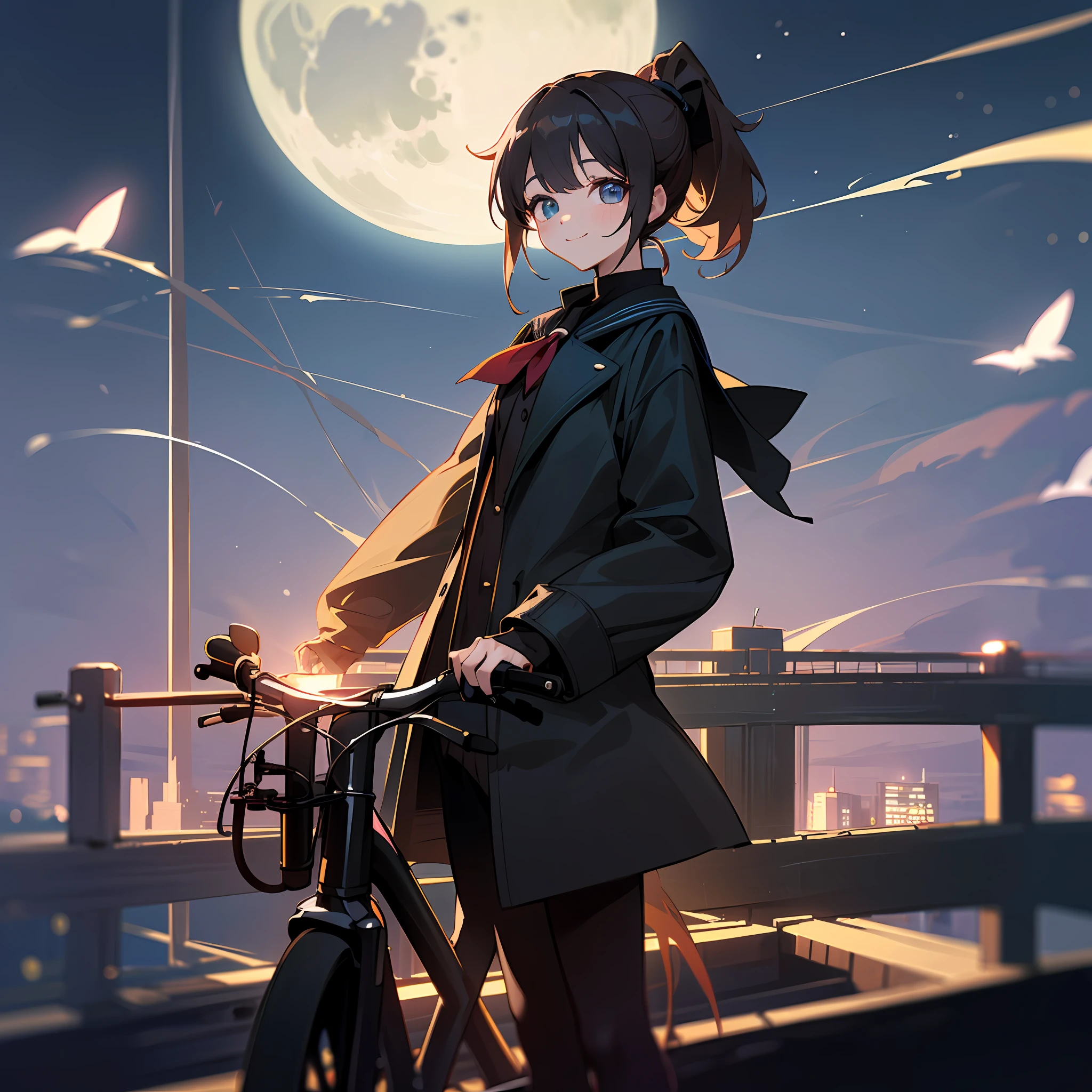 ((maximum quality、8K、A Masterpiece:1.3))、a 1girl、all body、a ponytail、Dark hair、Kind eyes、Push the bike、Moonlight、a smiling look、Black coat、slimness、short、sailor clothing、On the bridge、Night view of the building