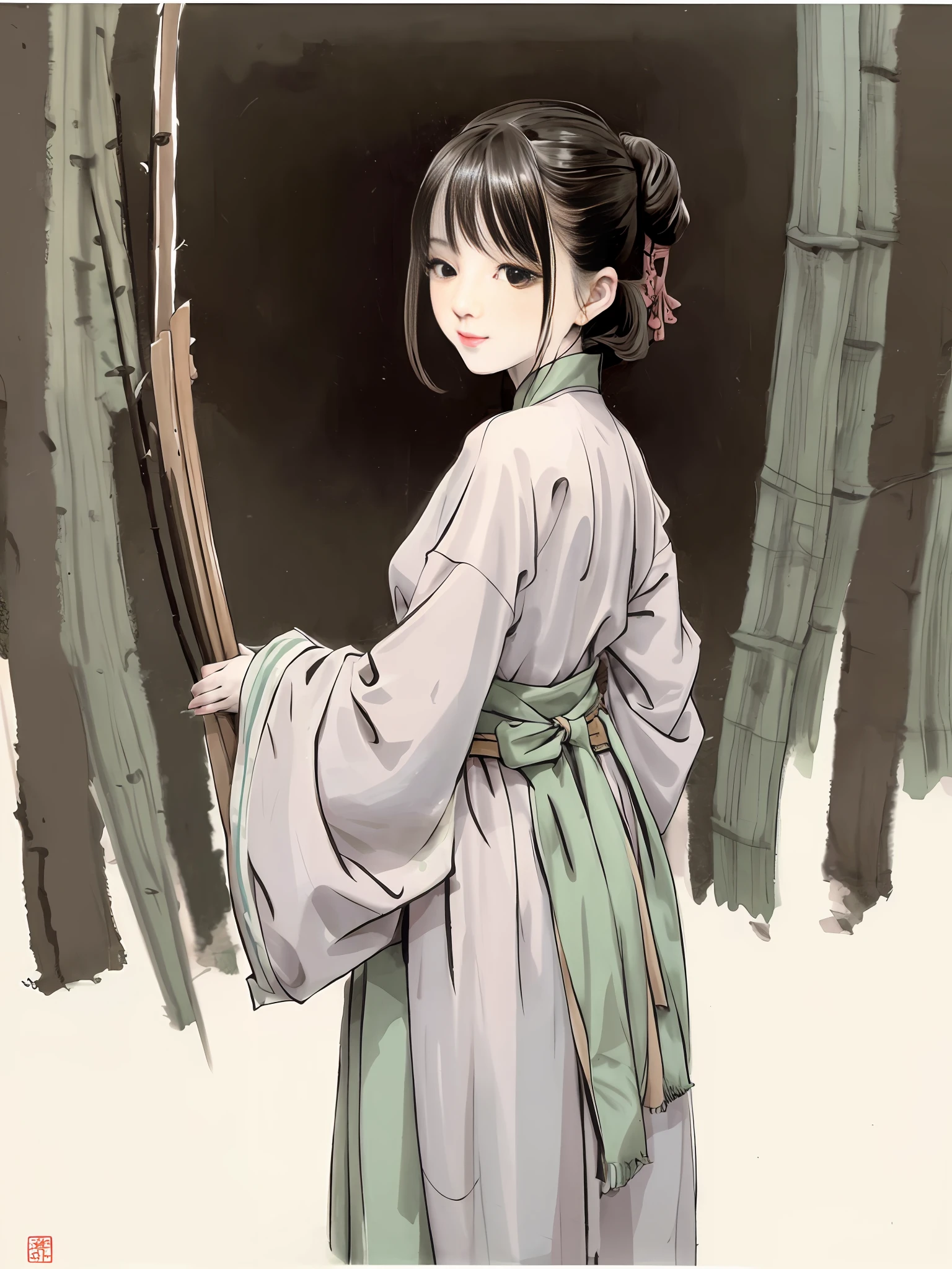 (Masterpiece, best quality: 1.2), traditional Chinese ink painting, 1 woman, standing, looking back, hanfu, willow branch, (smiling), looking at the viewer,