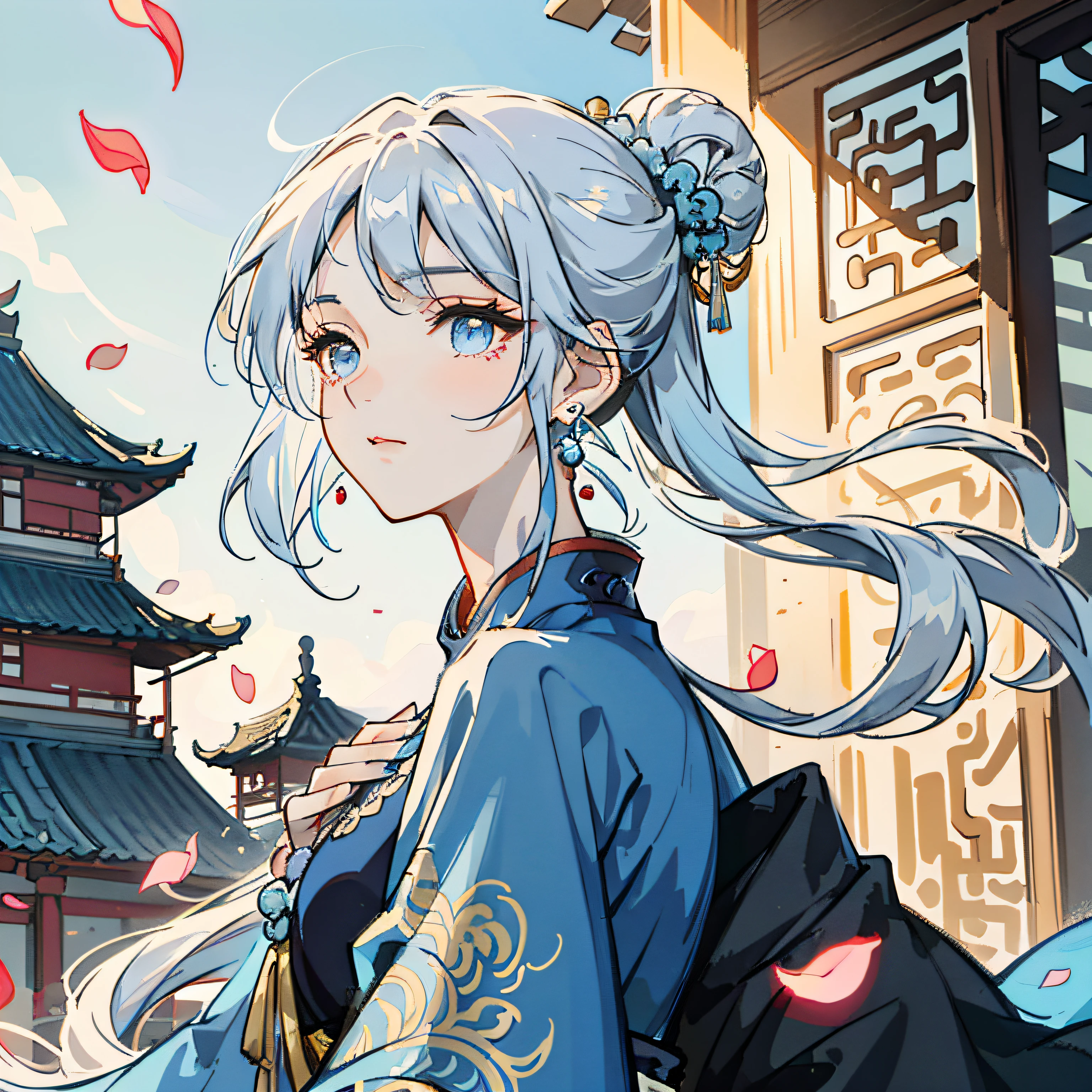 Mature girl, blue and white hair color, floating hair, delicate and flexible eyes, intricate brocade hanfu, gorgeous accessories, wearing pearl earrings, FOV, f/1.8, masterpiece, ancient Chinese style architecture, blue sky, flower petals flying, front portrait shot, Chang'e, side lighting, sunlight shining on people