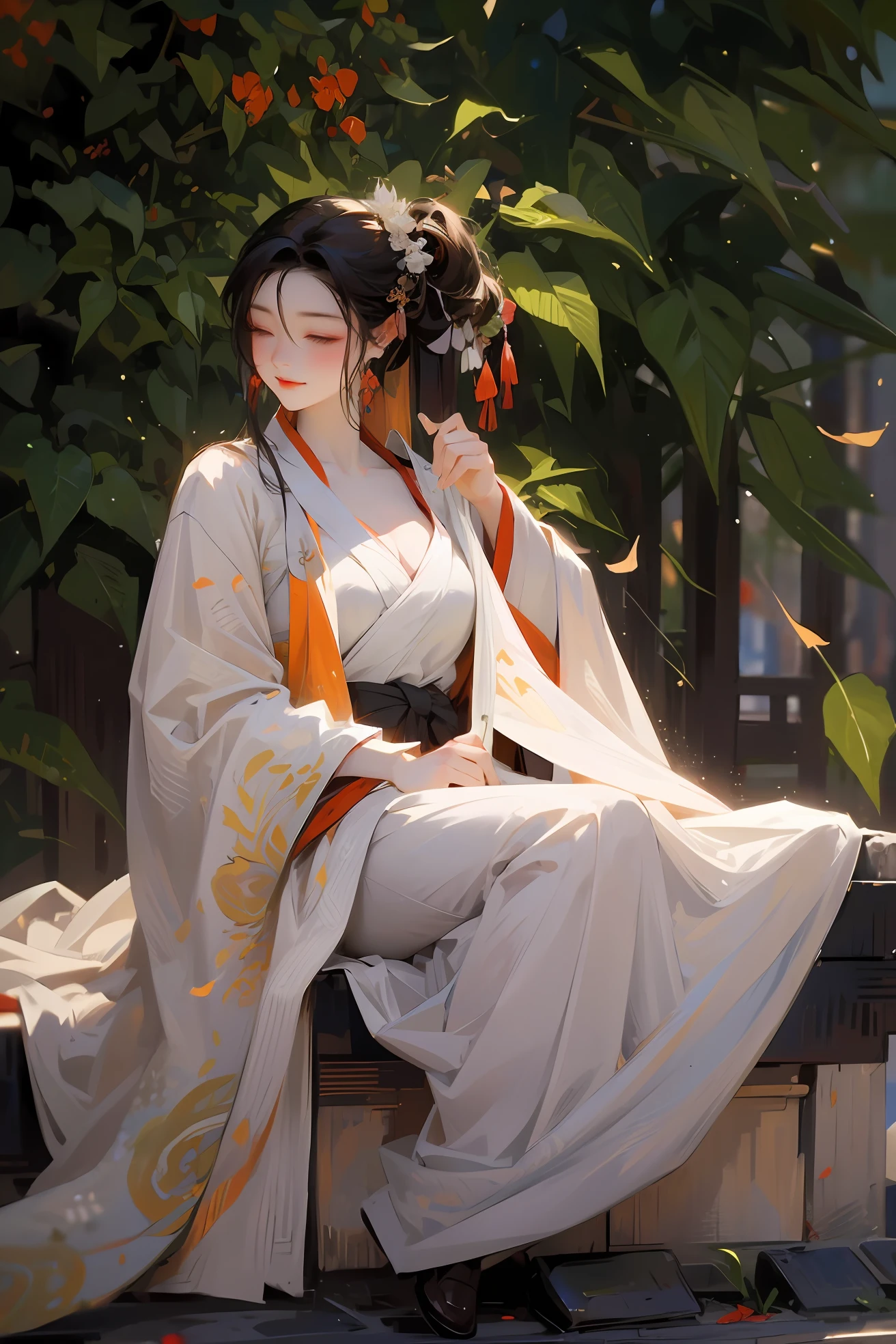 Masterpiece, high-quality, Best quality, 1girle, close one’s eyes, sitting on stone, china dress, Hanfu, Flowers, Black background, Beautiful hands, Sharp focus