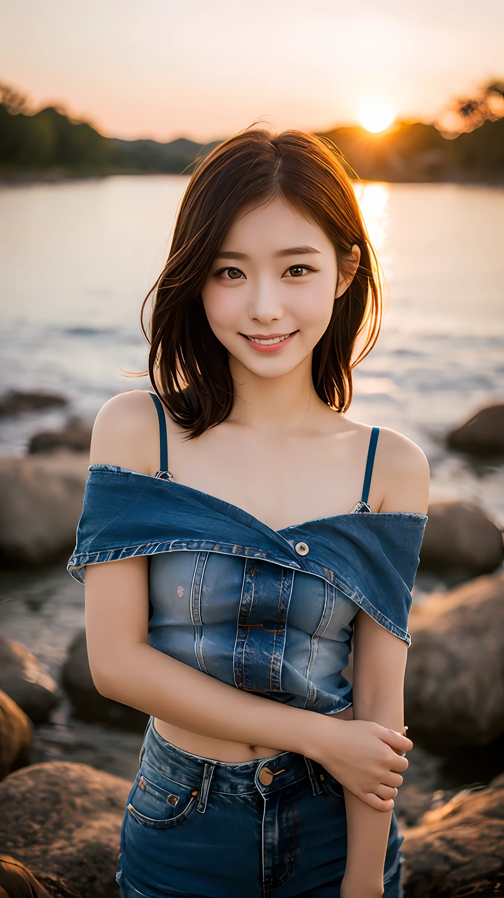 photo finish, slender, cute, Japan beauty, dark black eyes, little smile, fine skin, denim off-shoulder, very small underwear, sunset, realphoto --auto