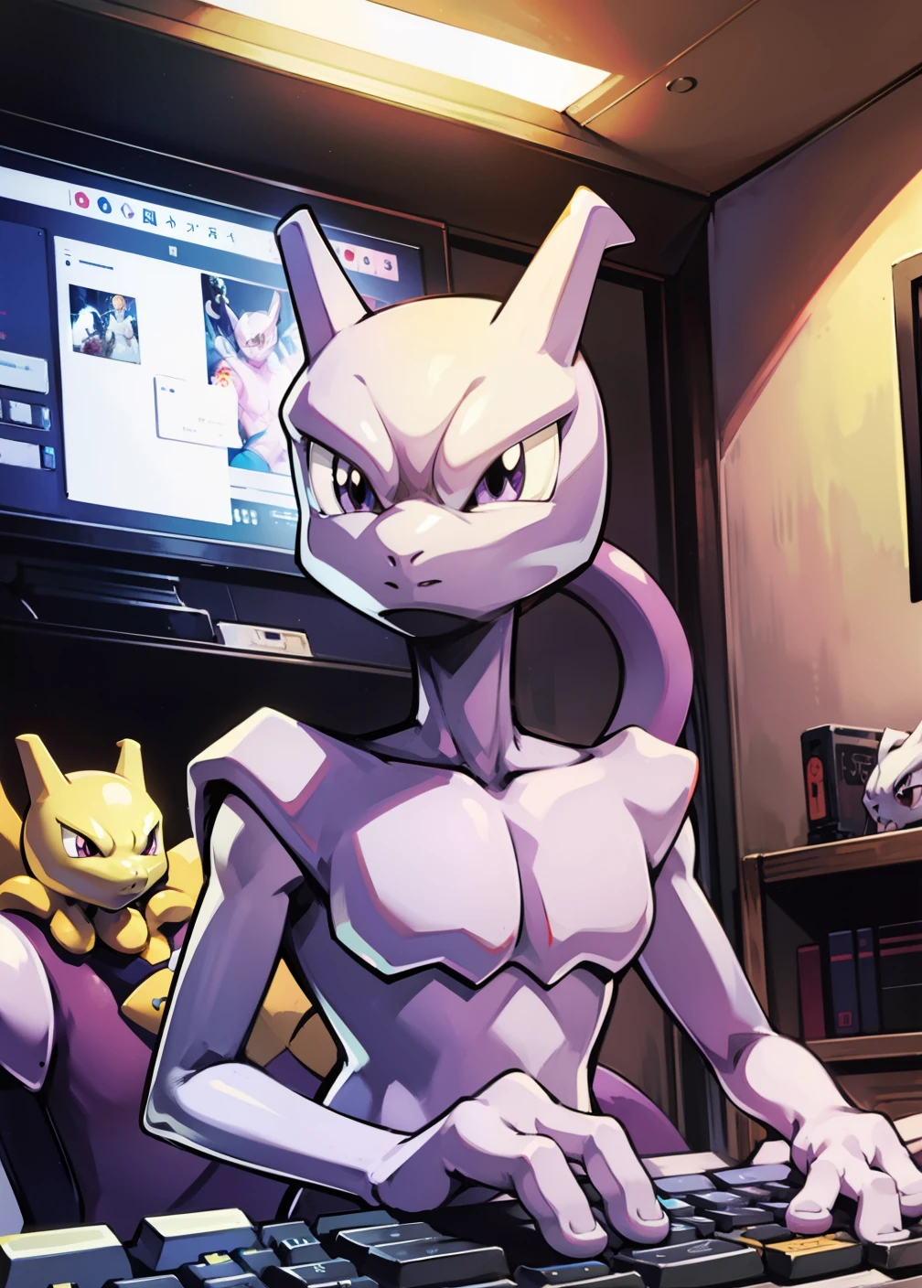 masterpiece, best quality, a pixiv illustration of Mewtwo, display in background, pc keyboard, messy room, indoors, non-human, pokemon creature