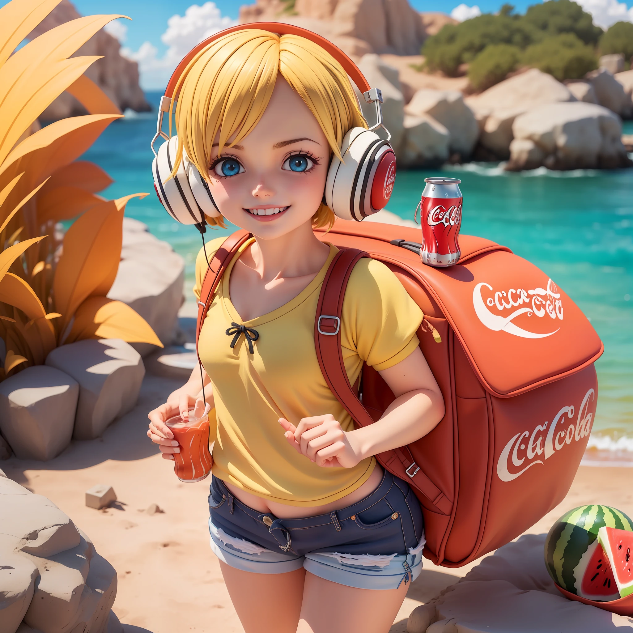 (Masterpiece),(Need),(Super meticulous),(all body:1.2),(5 year old super
Saiyans,booty shorts,short sleeves,Small backpack,cuddly,Smileing,sheet
mouth,)Floral,seaside,Drink Coca-Cola,Holding a watermelon,With headphones,sound
happy,Short hair for boys,Short barbed hair,blond hair,long sleeve,a short hair,(Beautiful and fine
To the face),(Beautiful Finely Detailed Eyes),