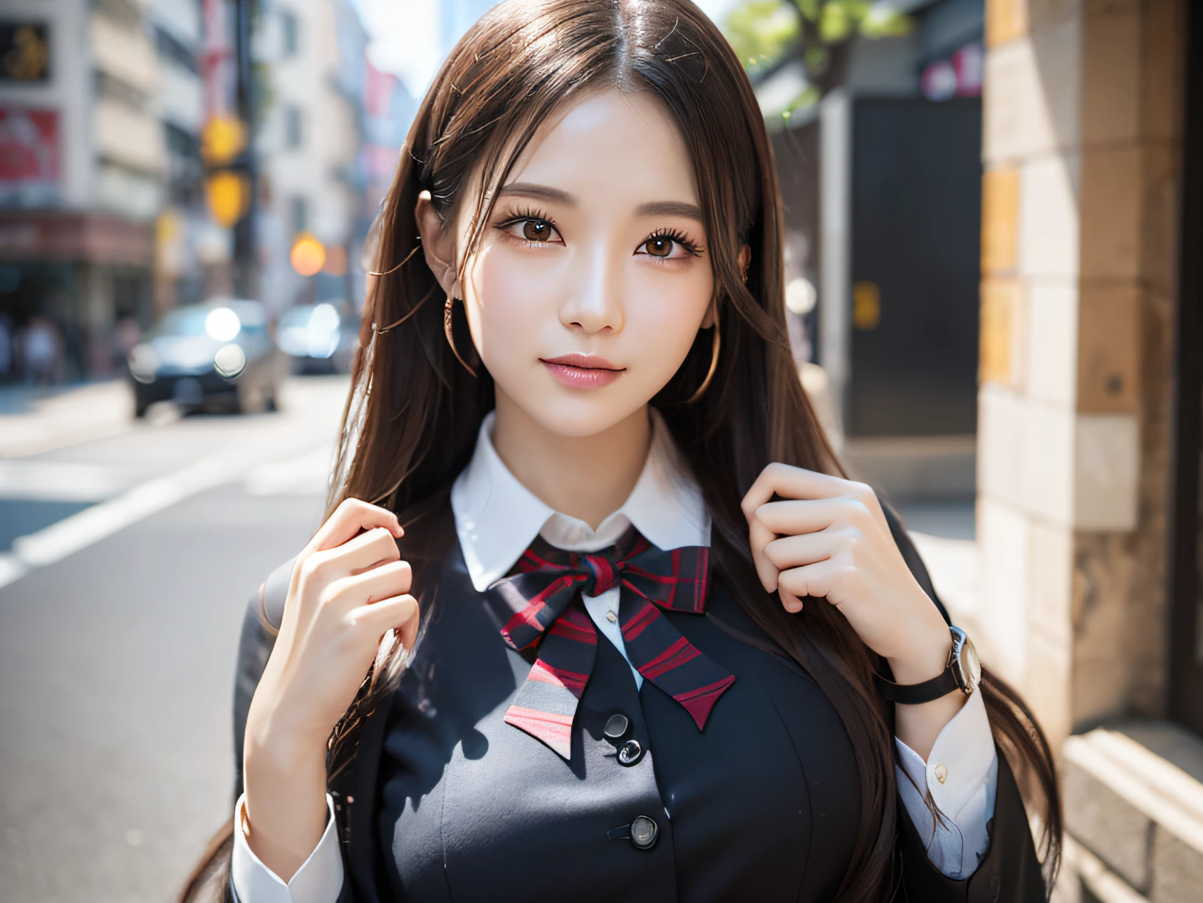 maximum quality、highs quality、High Accuracy、High-quality textures、High quality shadows、High Accuracy、beautiful detailed、Highly detailed CG、detailed texture、Realistic representation of the face、Real、colorfull、delicated, Cinematic Lights, Side Light, Lens Flare, Ray Tracing, Sharp focus,People with Japan々、18Age、(Pretty Woman)Long hair with soft black hair、(intricate detail, makeup,) (Detailed and beautiful delicate face, Detailed and beautiful delicate eyes, Perfect face proportions、dense skin、dense skin、Optimal ratio of 4 fingers to 1 thumb、Japan cute mini skirt high school uniform),Large breasts,Happy smile,Full body photo
