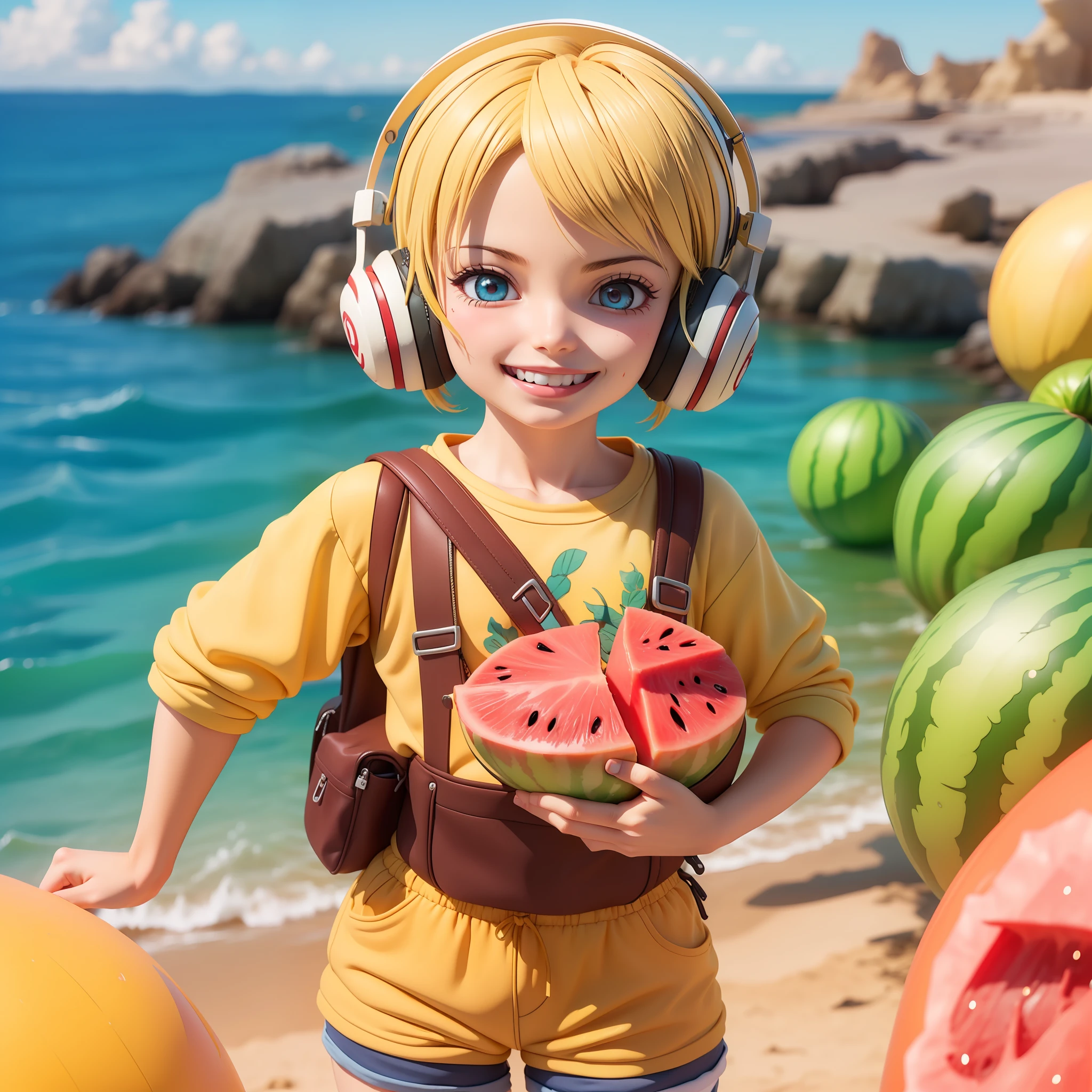 (Masterpiece),(Need),(Super meticulous),(all body:1.2),(5 year old super
Saiyans,booty shorts,short sleeves,Small backpack,cuddly,Smileing,sheet
mouth,)Floral,seaside,Drink Coca-Cola,Holding a watermelon,With headphones,sound
happy,Short hair for boys,Short barbed hair,blond hair,long sleeve,a short hair,(Beautiful and fine
To the face),(Beautiful Finely Detailed Eyes),