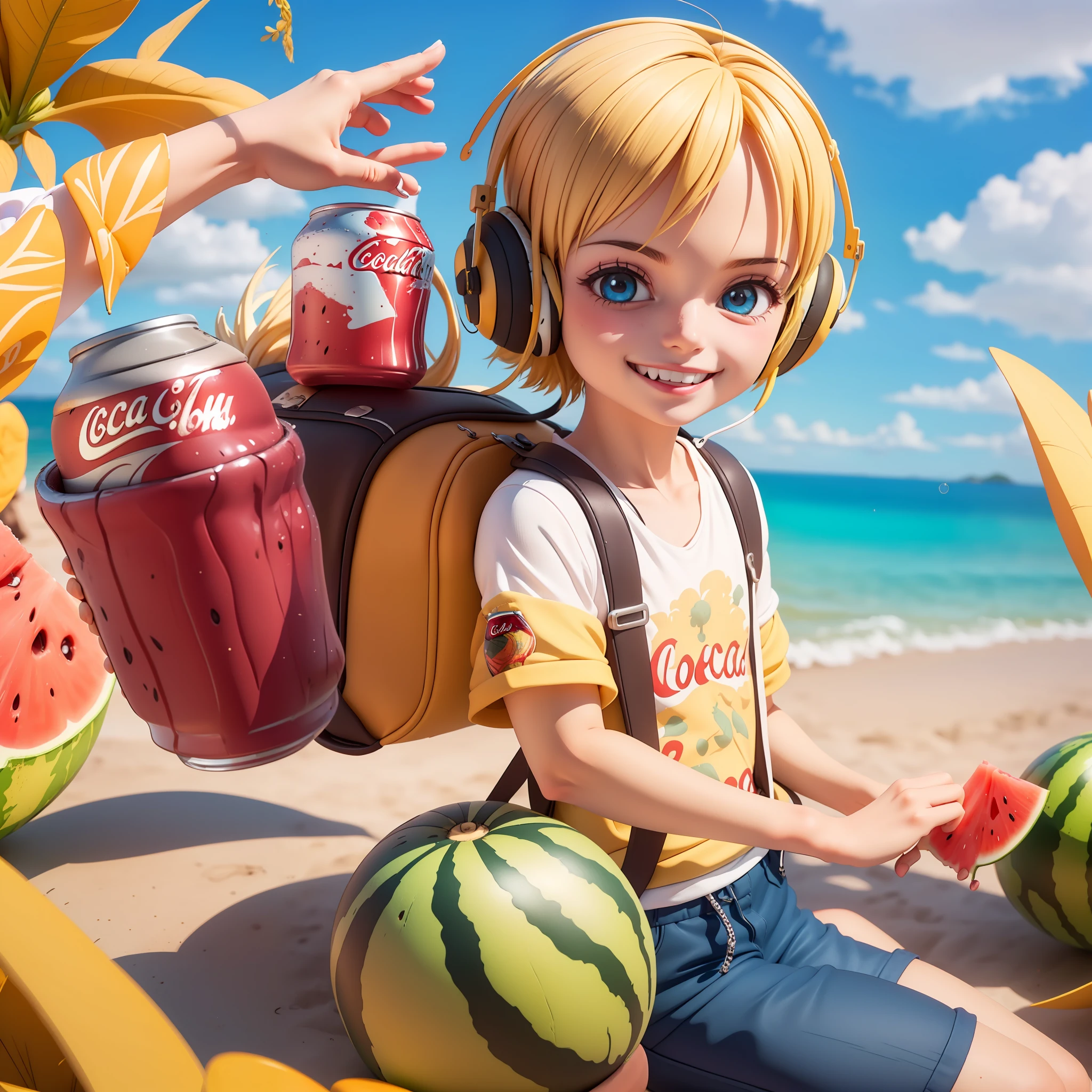 （Masterpiece），（Need），（Super meticulous），(all body：1.2），（5 year old super
Saiyans，booty shorts，short sleeves，Small backpack，cuddly，Smileing，sheet
mouth，）Floral，seaside，Drink Coca-Cola，Holding a watermelon，With headphones，sound
happy，Short hair for boys，Short barbed hair，blond hair，long sleeve，a short hair，(Beautiful and fine
To the face），(Beautiful Finely Detailed Eyes)，