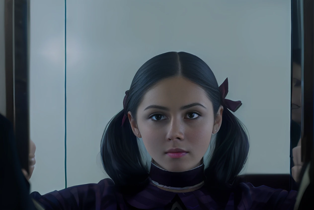 Girl looking at herself in mirror, movie promotional stills, as Wednesday Adams, ethereal stills, stills from movies, stills from movies, screenshots from movies, stills from movies, film stills promotional images, watercolor