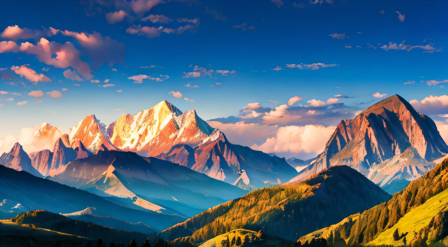a beautifull landscape of montains with clouds in the afternoon, photo quality, image raw, nikon photo --auto
