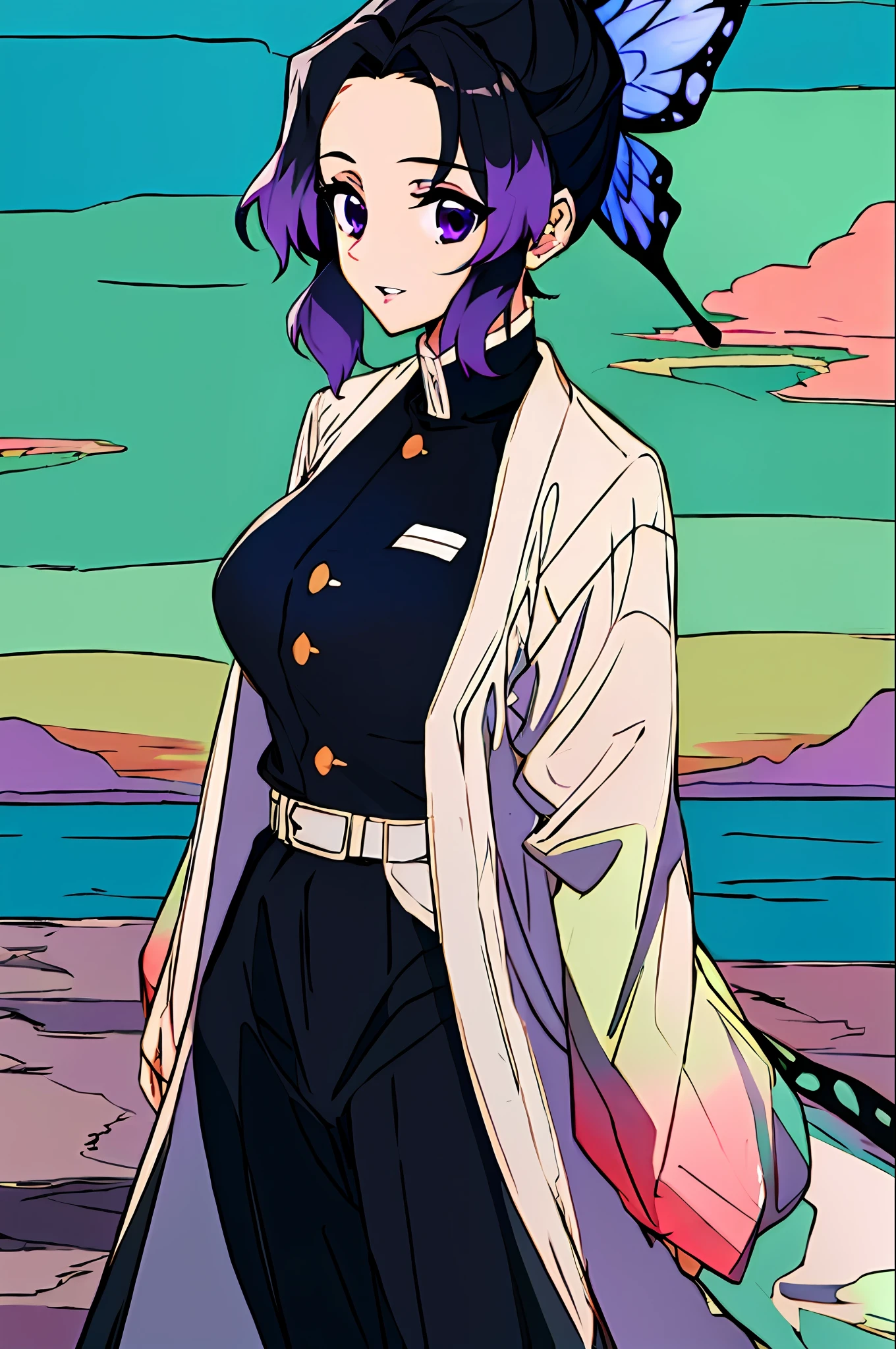 Masterpiece, best_quality, Super Detail,flat_color, limited_palette, high_contrast, (Ligne Clair),(1 Girl:1.2),Solo, kochou_shinobu, multicolored_hair, hair_intakes, purple_eyes, Forehead, black_shirt, upper_ body, landscape, (smile:0.5), real, realistic_lips, shiny_hair, shiny_skin, big breasts, riverside, swimsuit,
