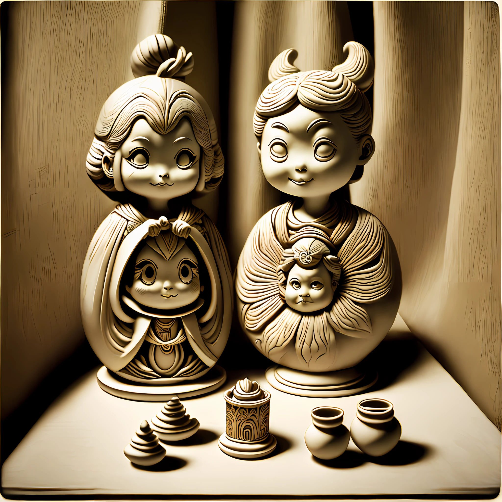 Imagineshaped into withand in the style of unique yokai illustrations, sculpted, associated press photo, smilecore, manga-inspired, lively tableaus, leica cl --auto