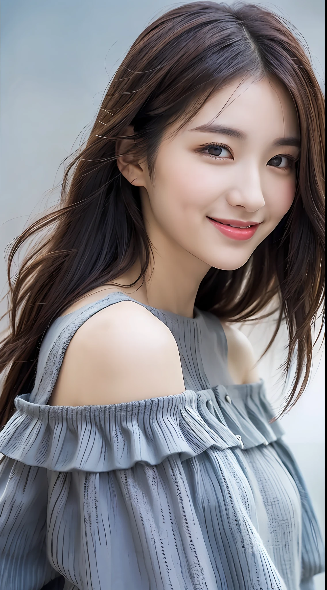 photo realism、High Accuracy、Low depth of field、Woman looking at sky and smiling wearing off-shoulder knitted blouse dress in generative color、Empty blue-grey sky background