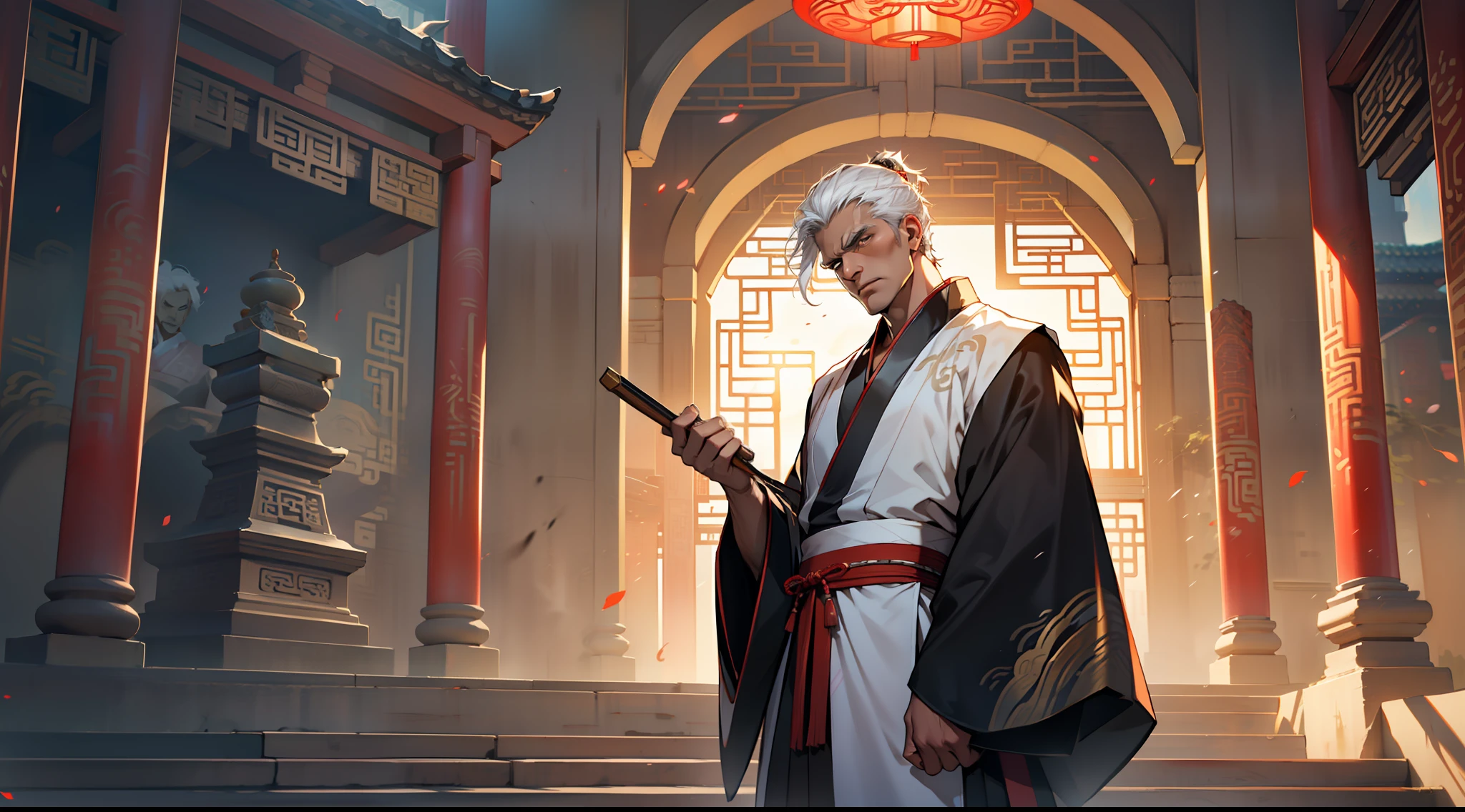 25, (1 person) The middle-aged man in black Hanfu attire, with white hair, middle-aged appearance, black coat, black Hanfu attire, and white hair, handsome, continues to curse loudly. (Background: Inside the sacred and magnificent ancient Chinese palace hall)