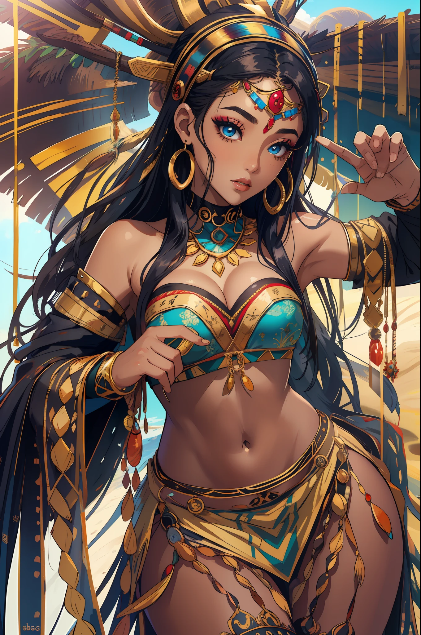 thick thigh,Random hair color,fulllllbody,Competent body,(Master Masterpiece:1.2)、(maximum quality:1.2)、Perfect eyes、flawless face、Perfect Lighting、photo shoot、a 1girl、sbg、dark-skin、Colorful tribal dresses、Headdress、Thick eyelashes、makeup、eyeshadow、Middle hair、oasis、Desert detail outdoor background