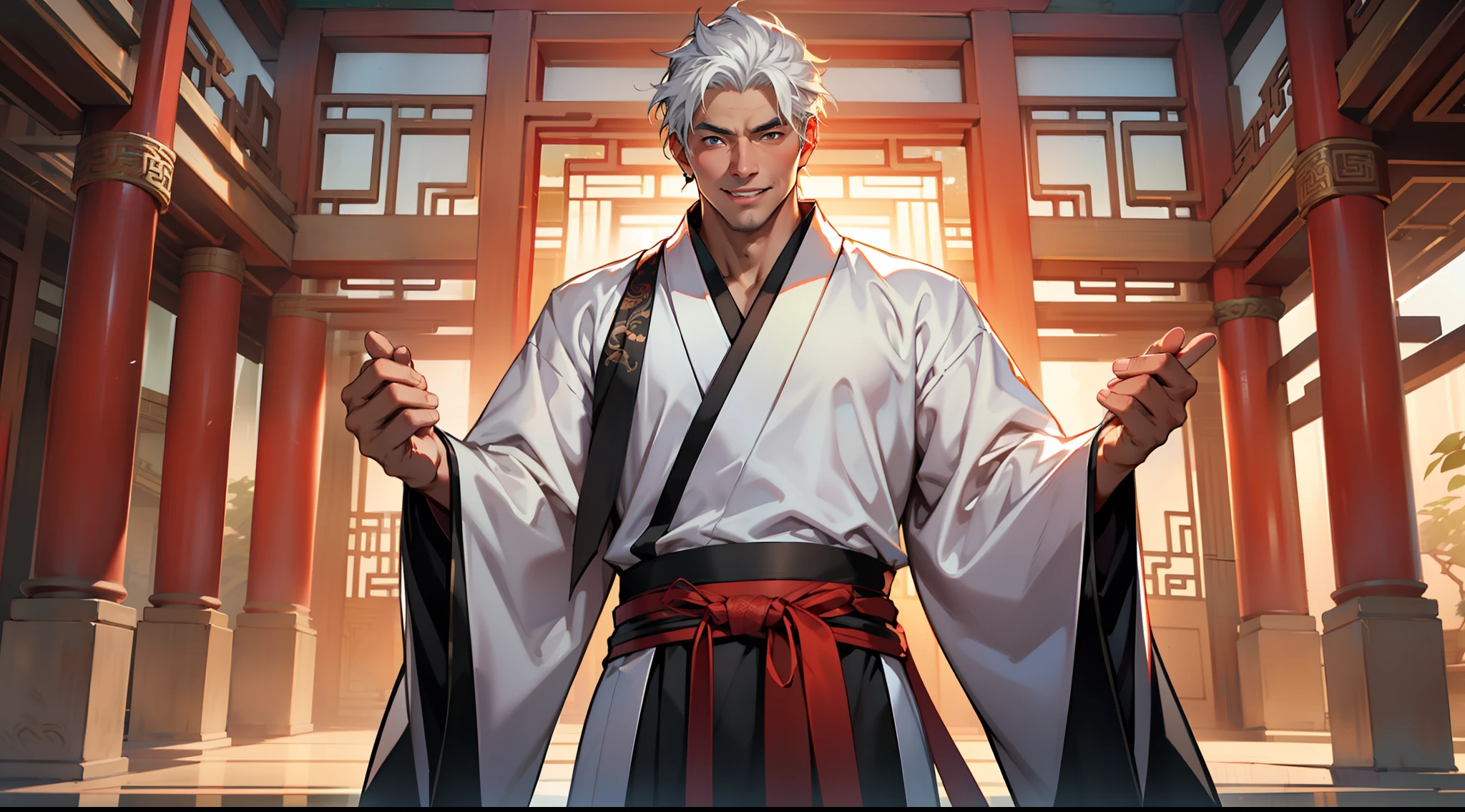 26, (1 person) The middle-aged man in black Hanfu attire, with white hair, middle-aged appearance, black coat, black Hanfu attire, and white hair, handsome, is overjoyed. (Background: Inside the sacred and magnificent ancient Chinese palace hall)