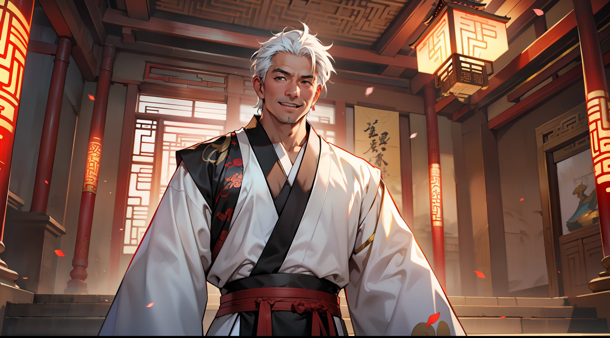 26, (1 person) The middle-aged man in black Hanfu attire, with white hair, middle-aged appearance, black coat, black Hanfu attire, and white hair, handsome, is overjoyed. (Background: Inside the sacred and magnificent ancient Chinese palace hall)